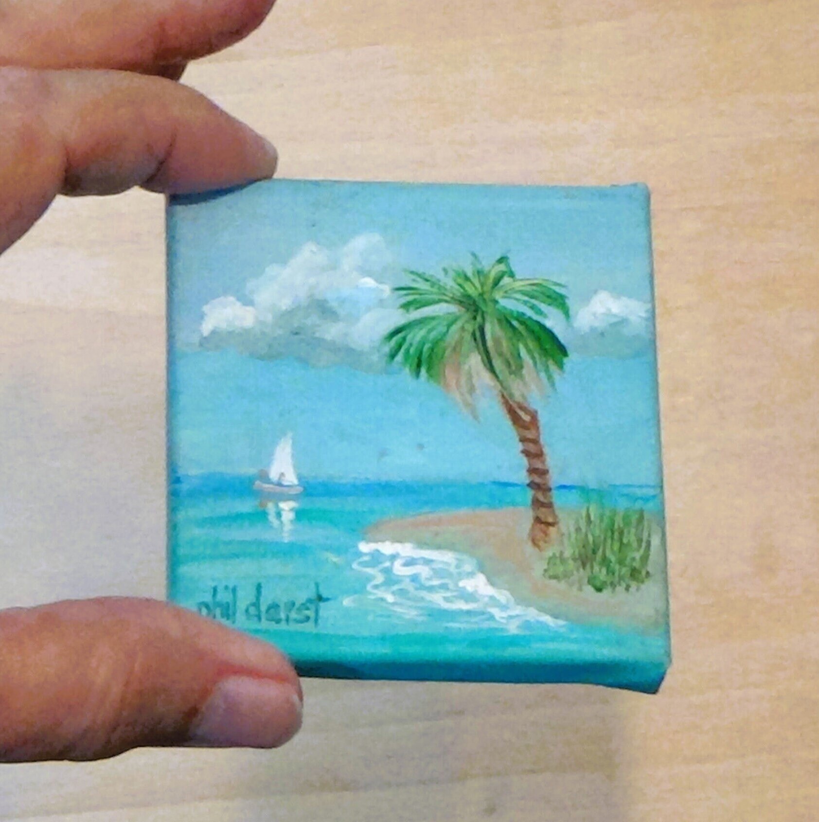 Palm tree on a tropical island, original acrylic painting - with easel., view 3
