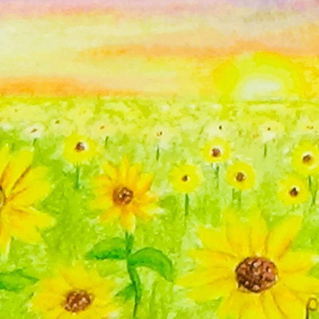 Golden sunflowers in the green meadow - pastel art with mat
