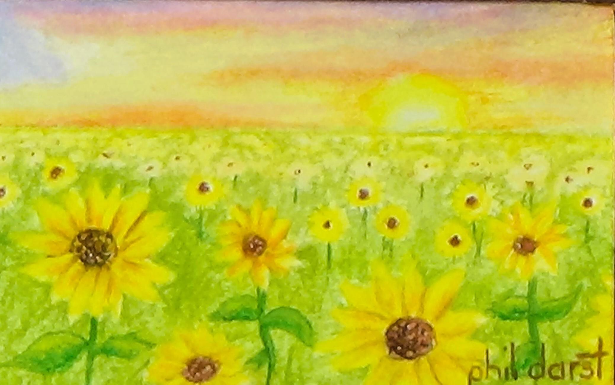 Golden sunflowers in the green meadow - pastel art with mat, view 2