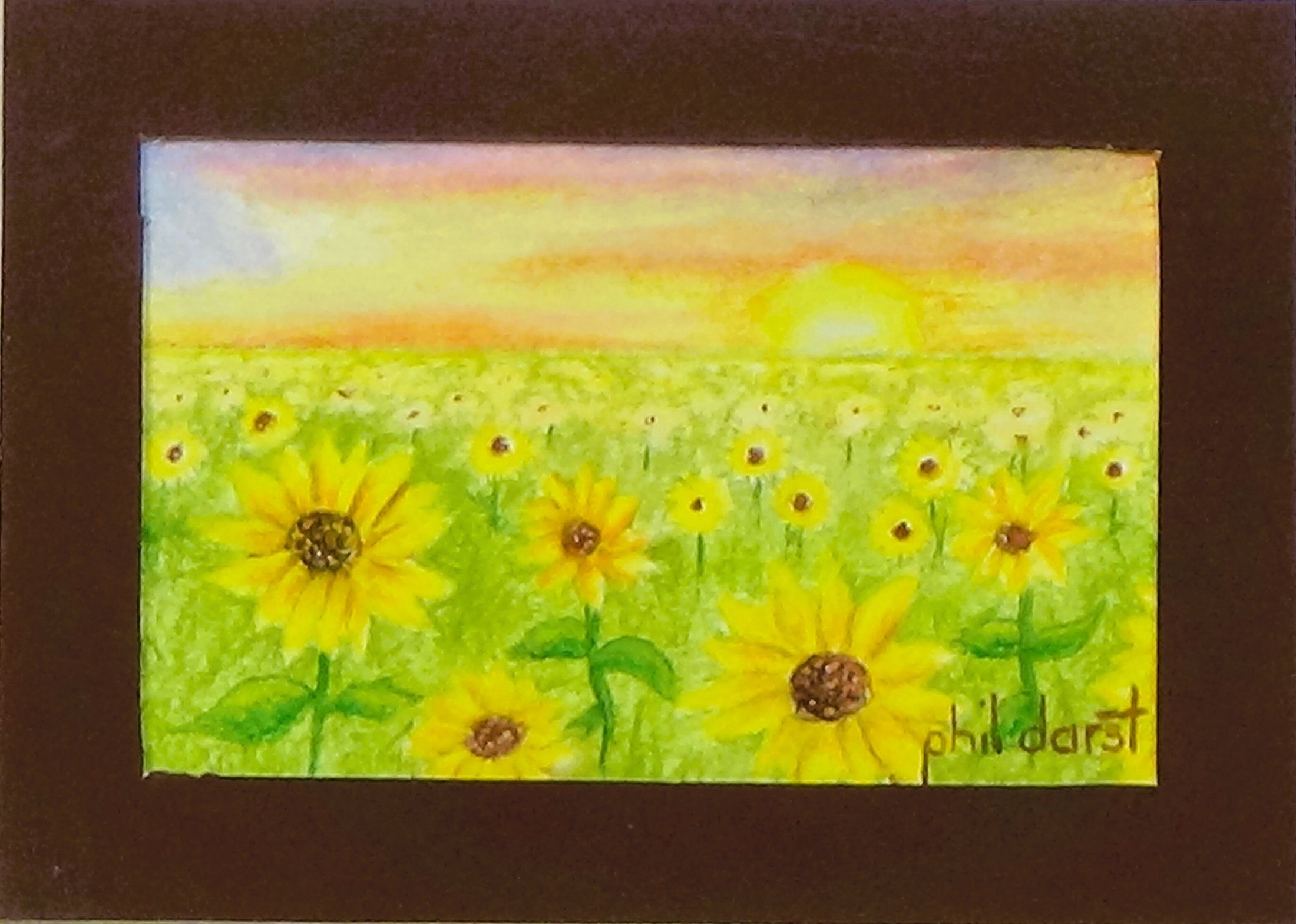 Golden sunflowers in the green meadow - pastel art with mat, view 4