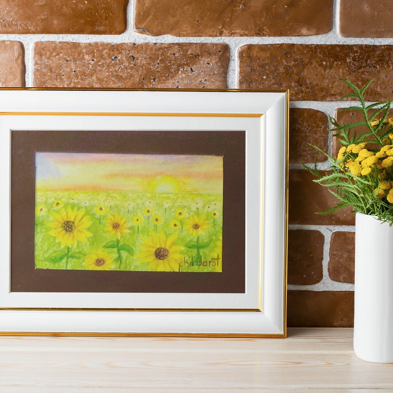 Golden sunflowers in the green meadow - pastel art with mat, view 5