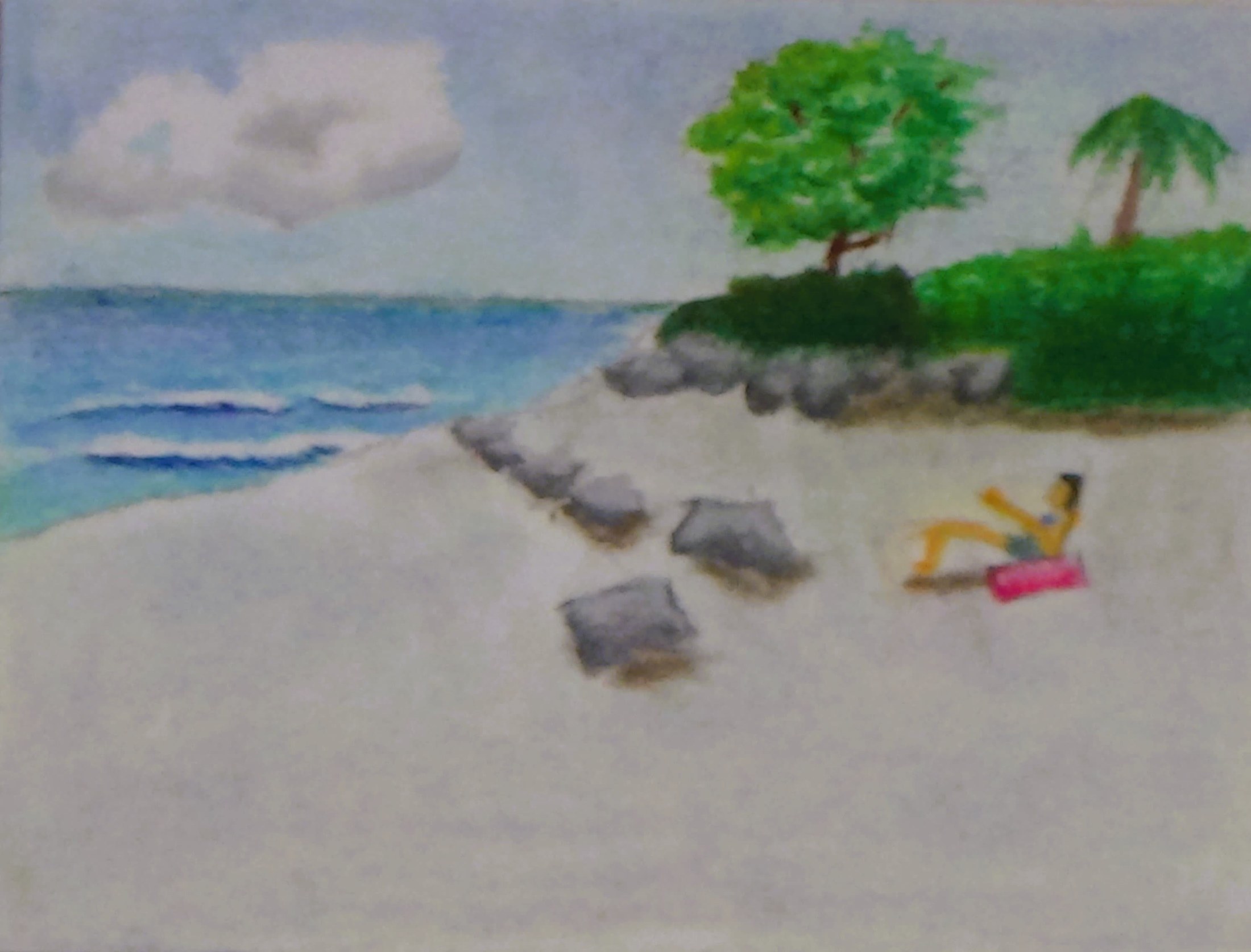 Lady Sunbathing Beach Scene - Pastel Art with mat