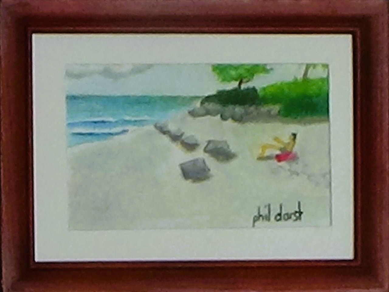 Lady Sunbathing Beach Scene - Pastel Art with mat, view 3