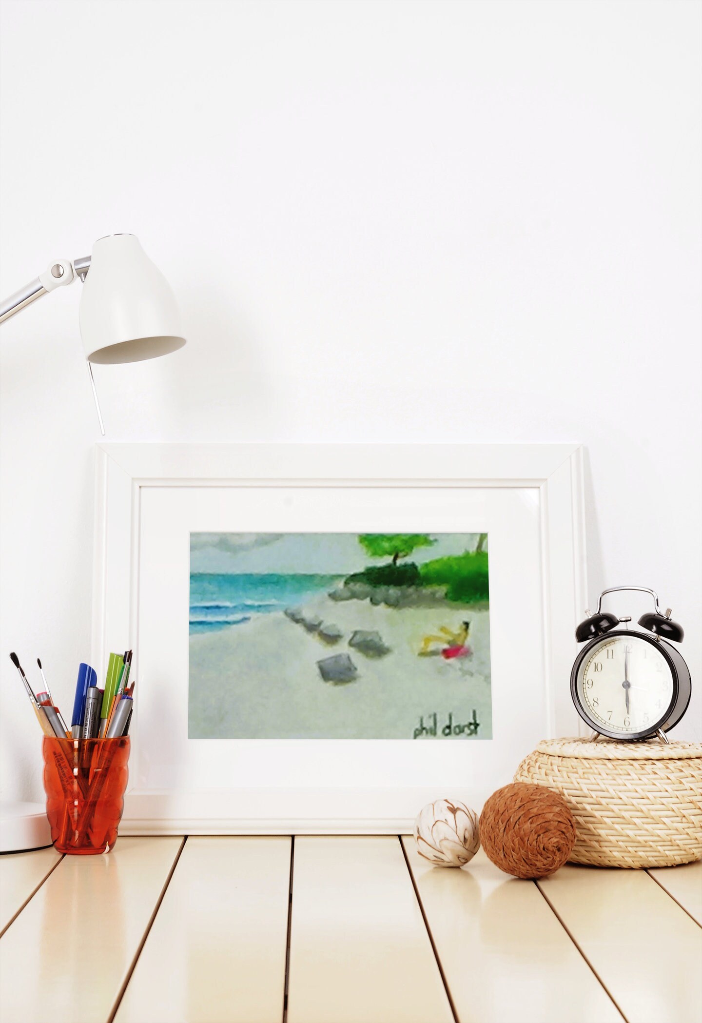 Lady Sunbathing Beach Scene - Pastel Art with mat, view 4