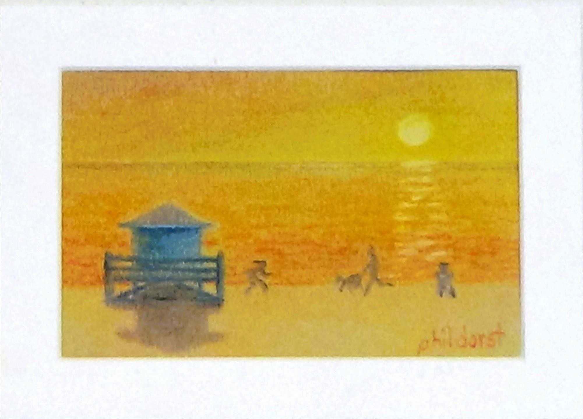 Lifeguard stand at setting sun beach scene - Original pastel art with mat