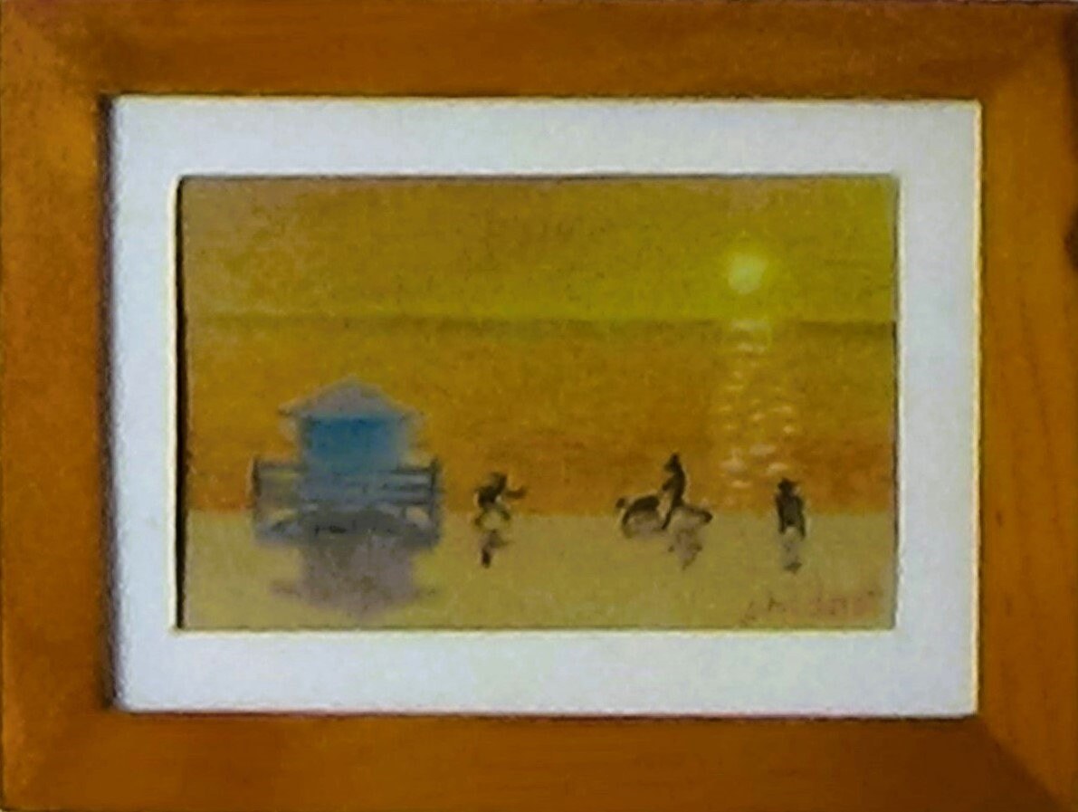 Lifeguard stand at setting sun beach scene - Original pastel art with mat, view 2