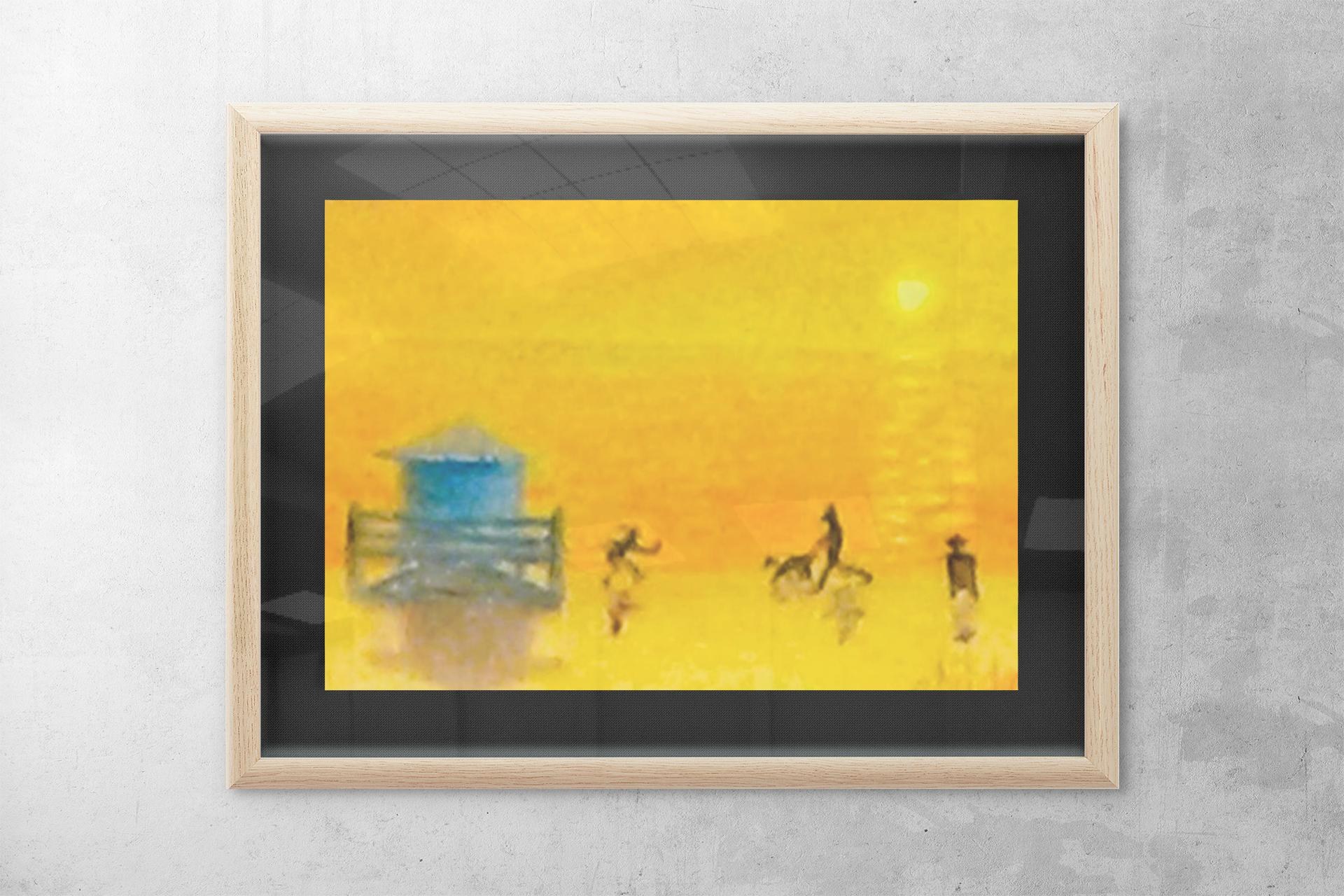 Lifeguard stand at setting sun beach scene - Original pastel art with mat, view 3