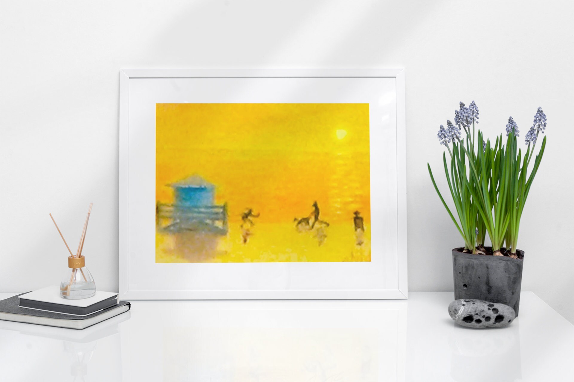 Lifeguard stand at setting sun beach scene - Original pastel art with mat, view 4