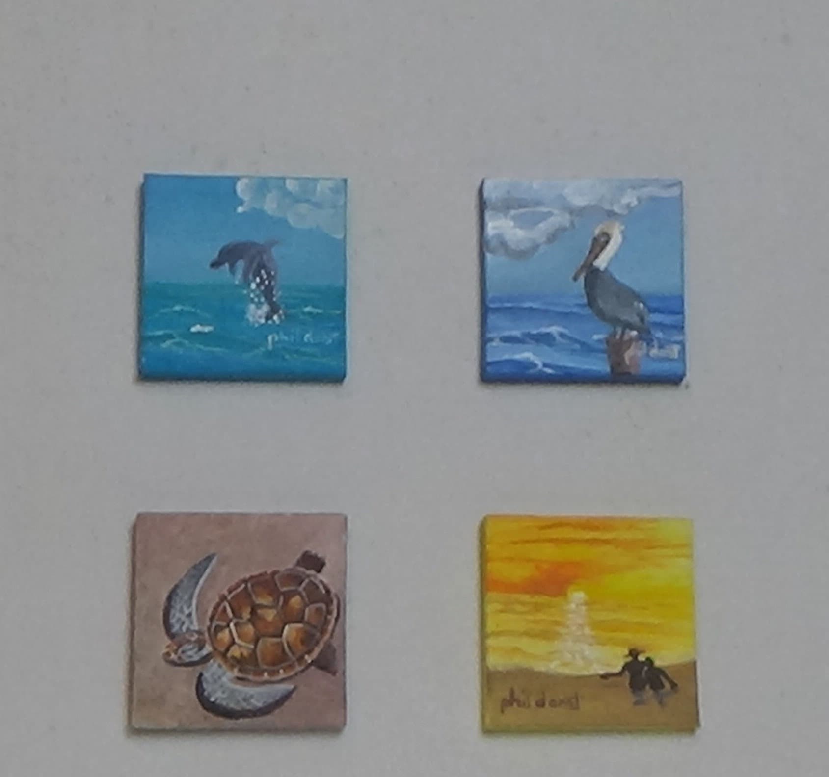 Set of four Miniature Sea Paintings original acrylic paintings - with easel.