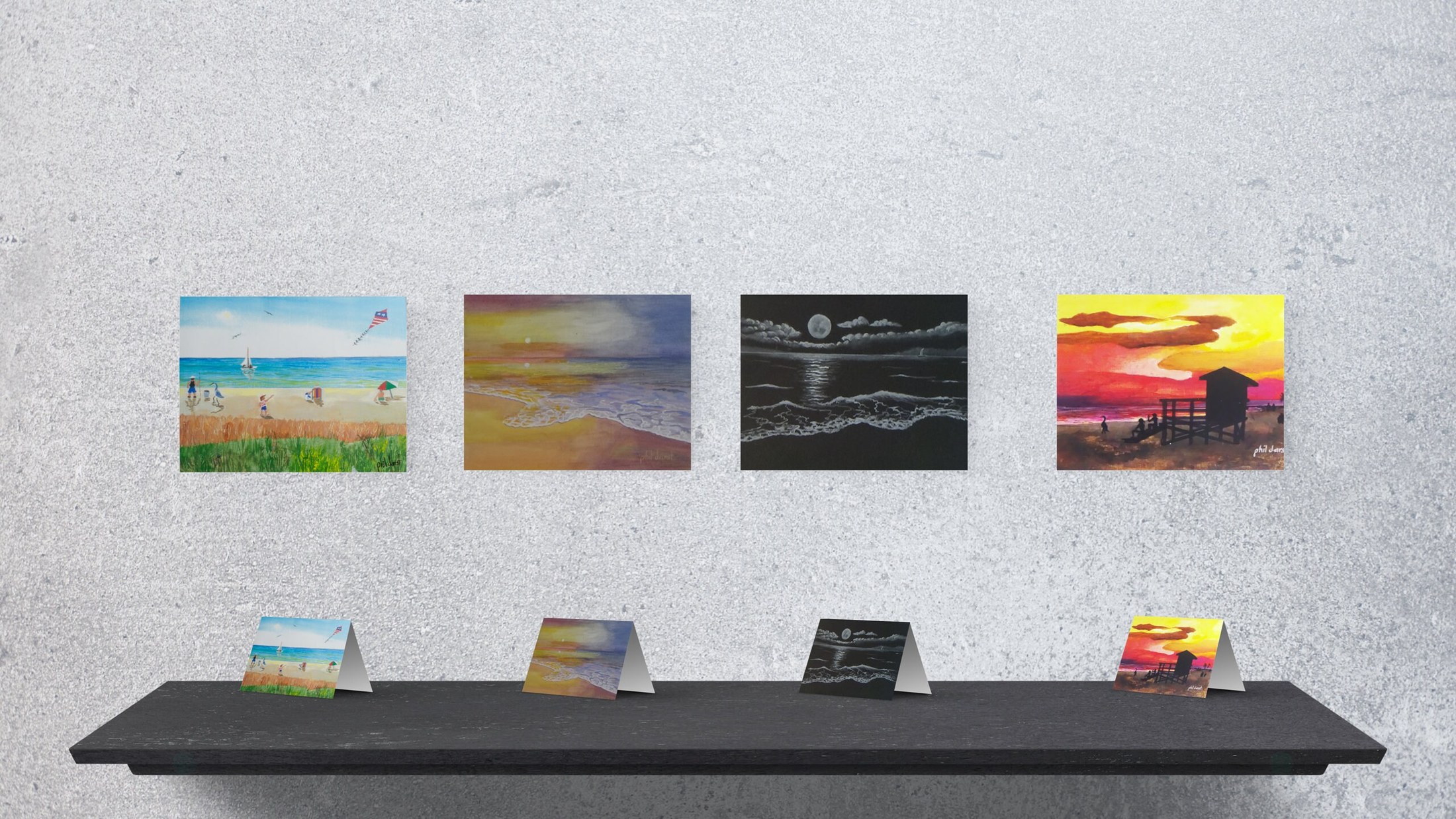 Tropical Beach Note Cards, Ocean Sunset, Moon on Beach, Lifeguard Stand, people on the beach - Set of 4