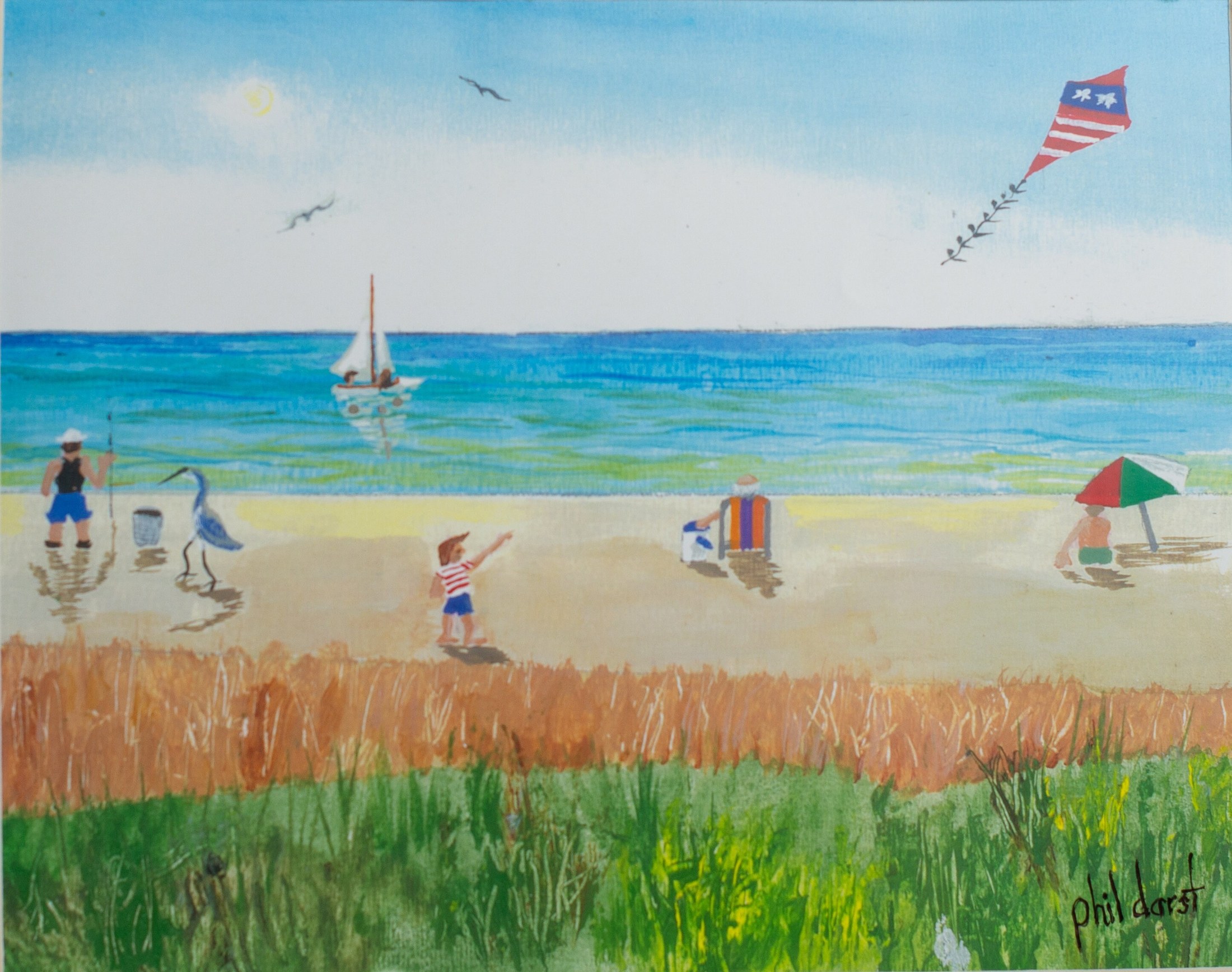 Tropical Beach Note Cards, Ocean Sunset, Moon on Beach, Lifeguard Stand, people on the beach - Set of 4, view 2