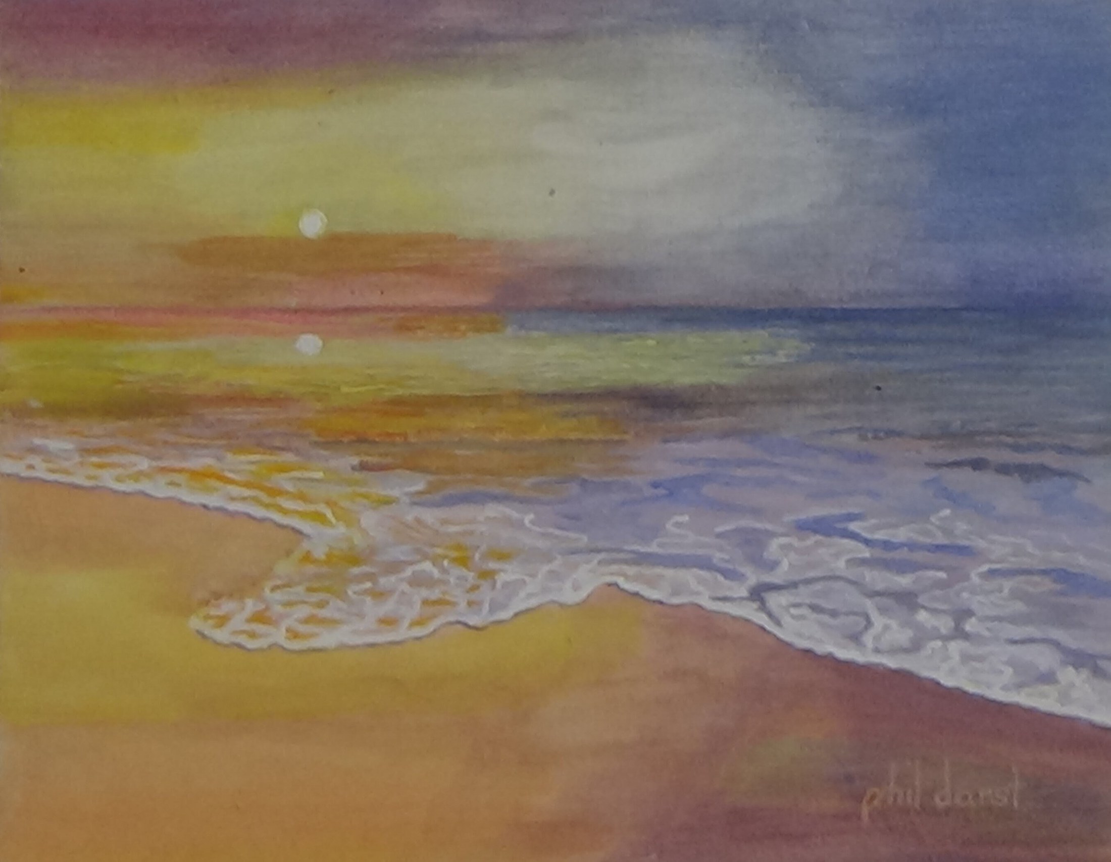 Tropical Beach Note Cards, Ocean Sunset, Moon on Beach, Lifeguard Stand, people on the beach - Set of 4, view 3