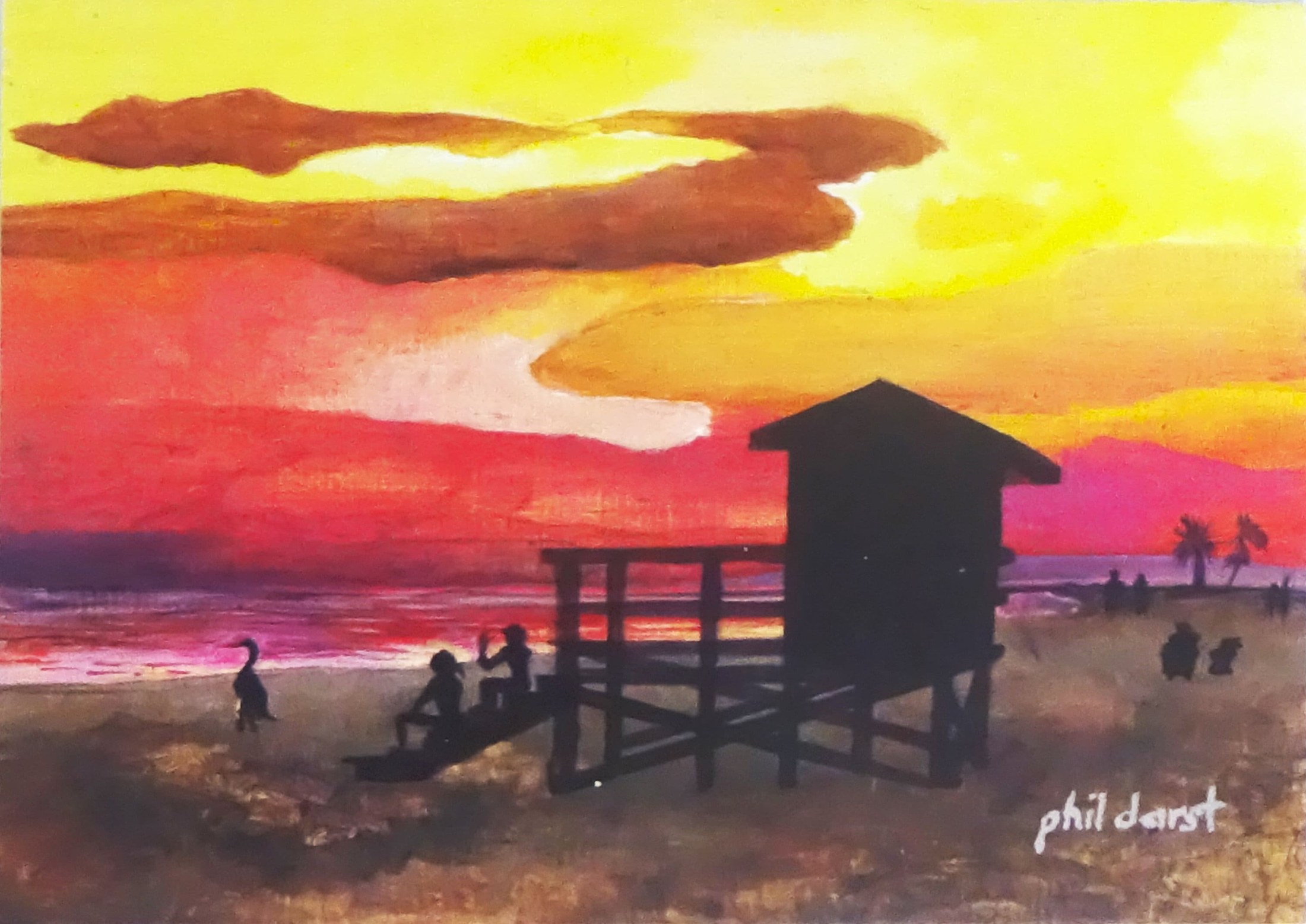 Tropical Beach Note Cards, Ocean Sunset, Moon on Beach, Lifeguard Stand, people on the beach - Set of 4, view 5