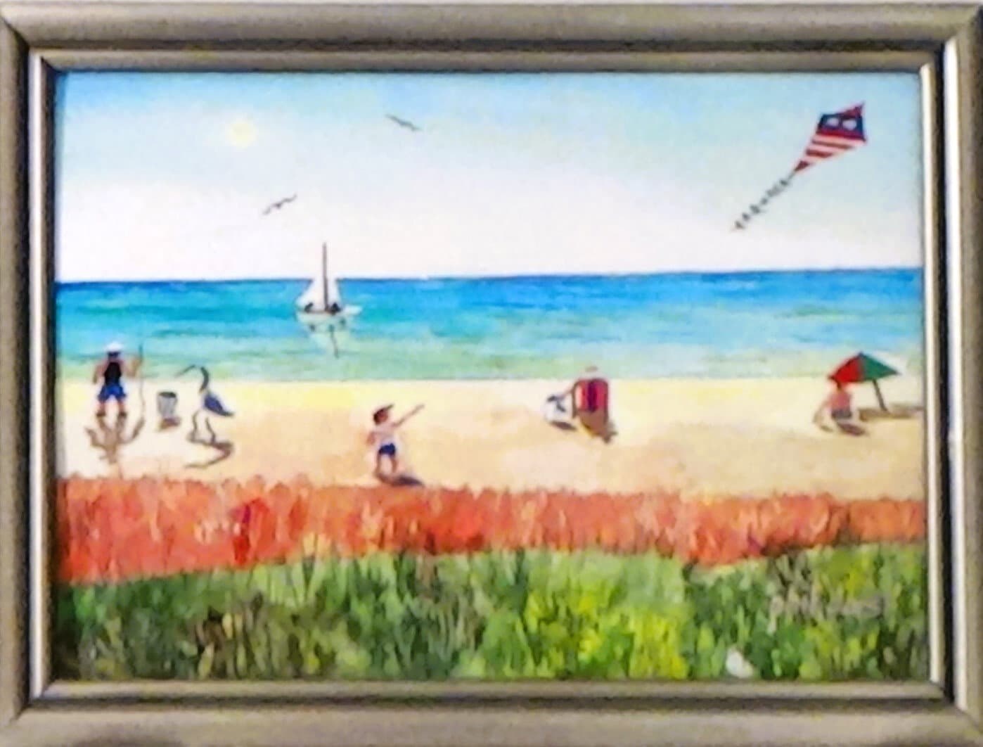 Tropical Beach Note Cards, Ocean Sunset, Moon on Beach, Lifeguard Stand, people on the beach - Set of 4, view 6