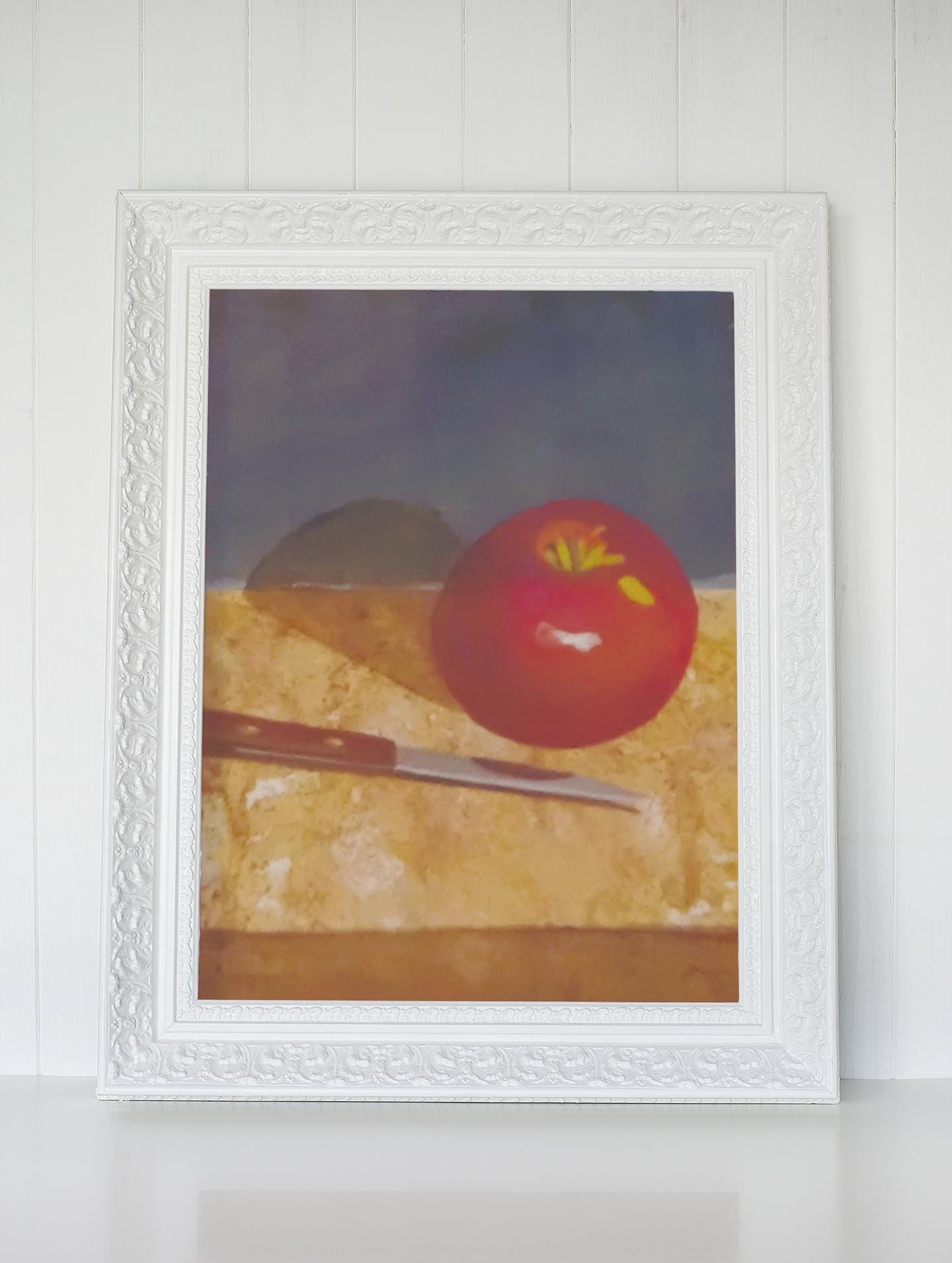 Bright Red Apple and Knife on table., view 2