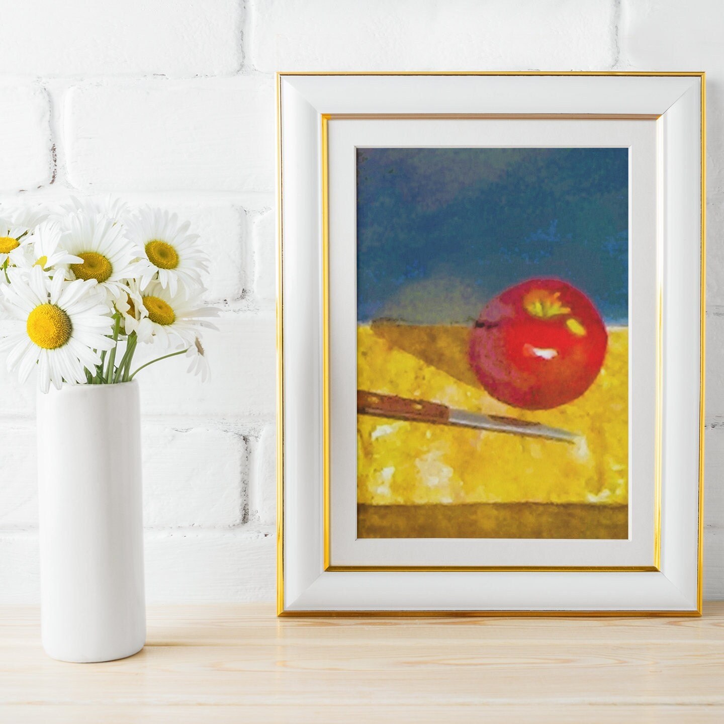 Bright Red Apple and Knife on table., view 3