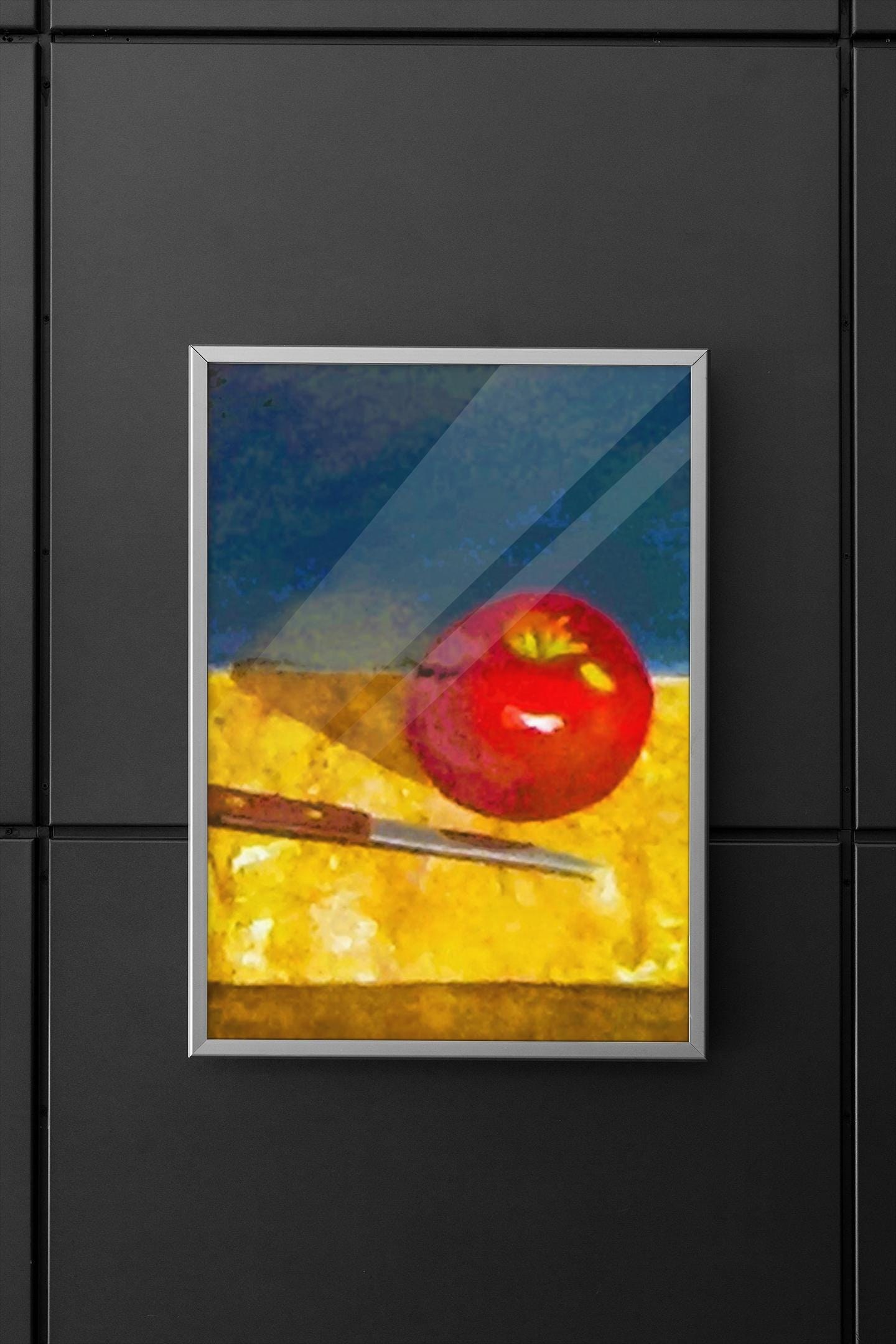 Bright Red Apple and Knife on table., view 4