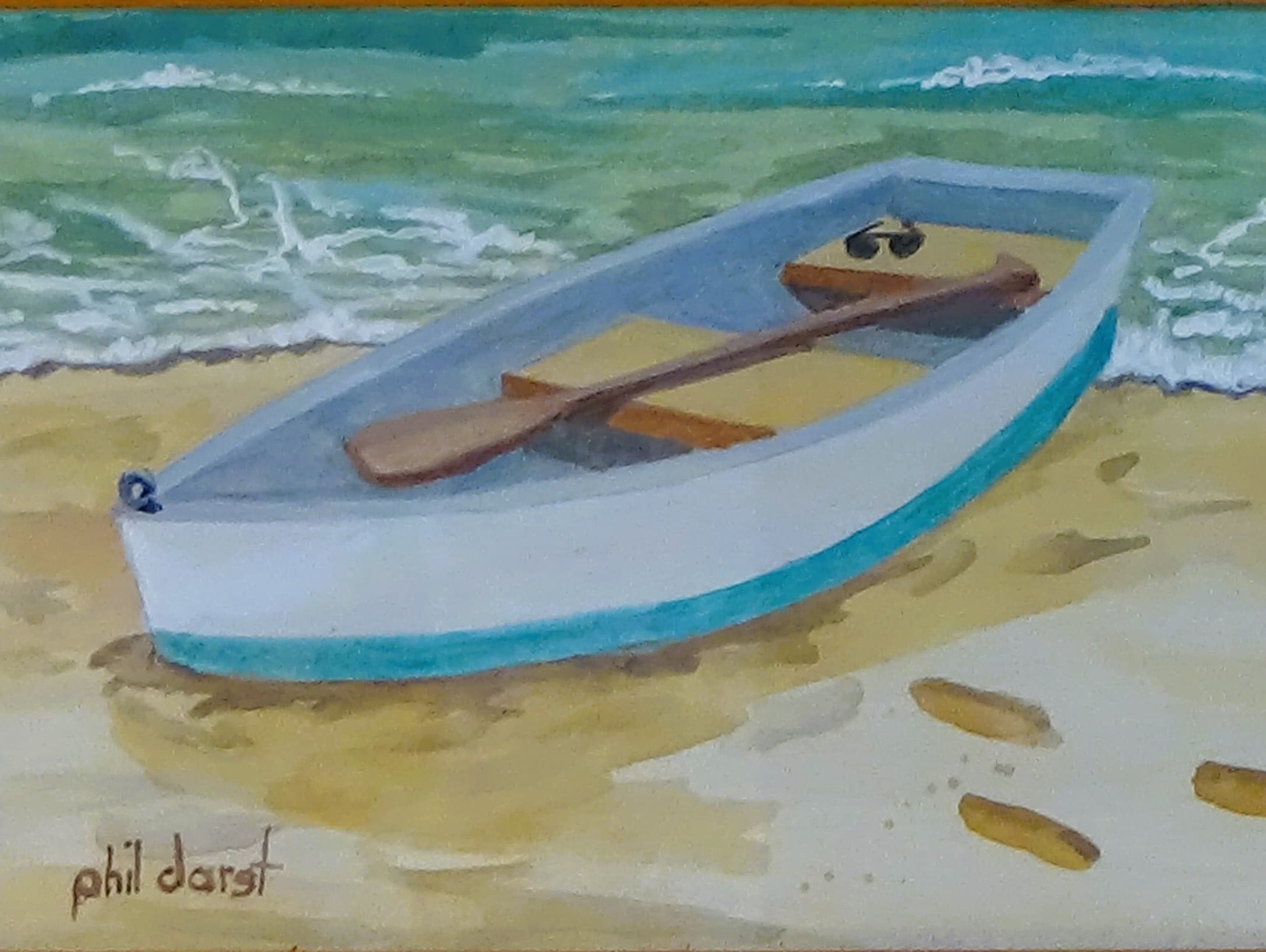 Boat on Siesta Key Beach, Original Acrylic Painting - frame inclded
