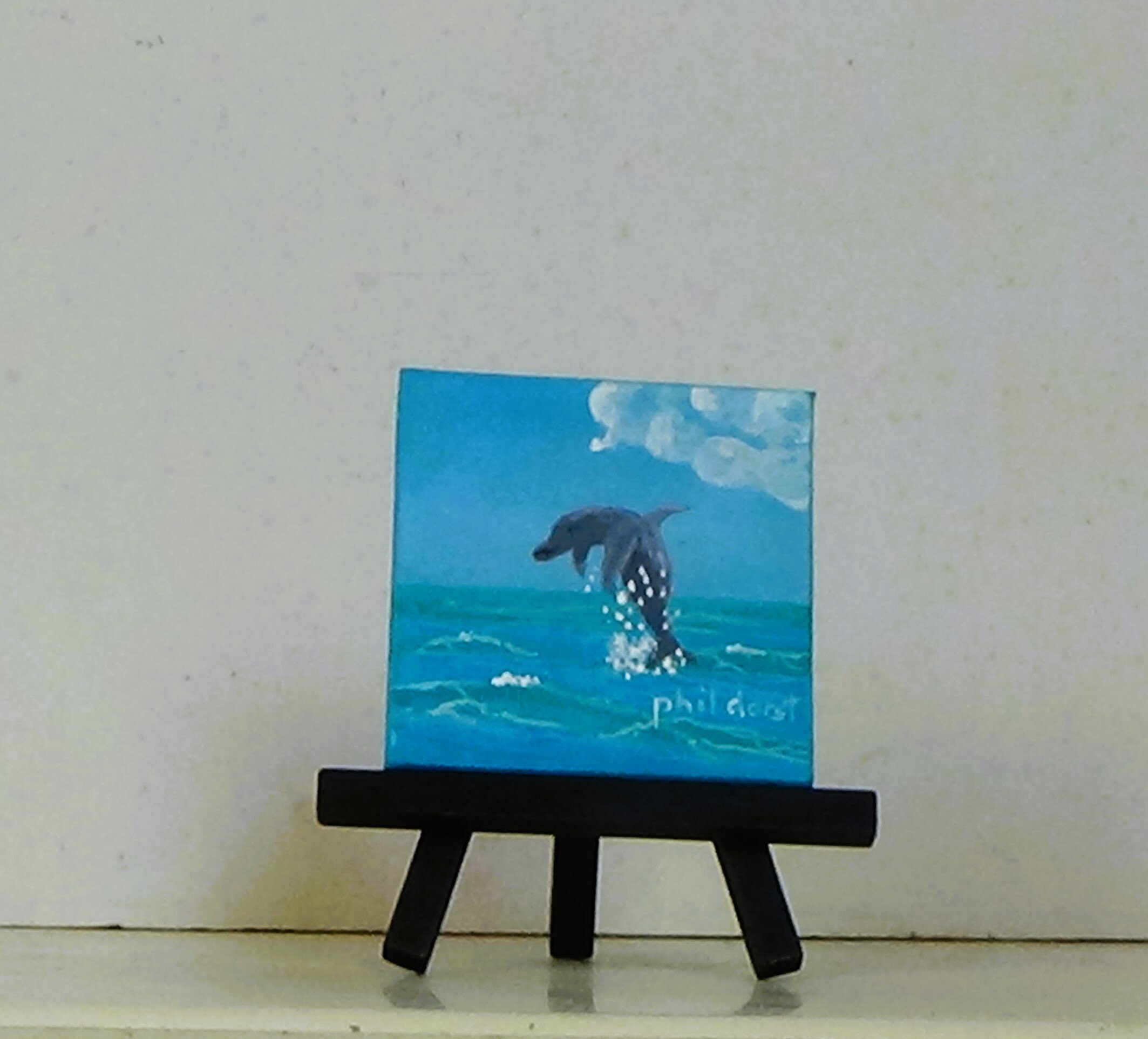 Dolphin diving,original acrylic painting - with easel.