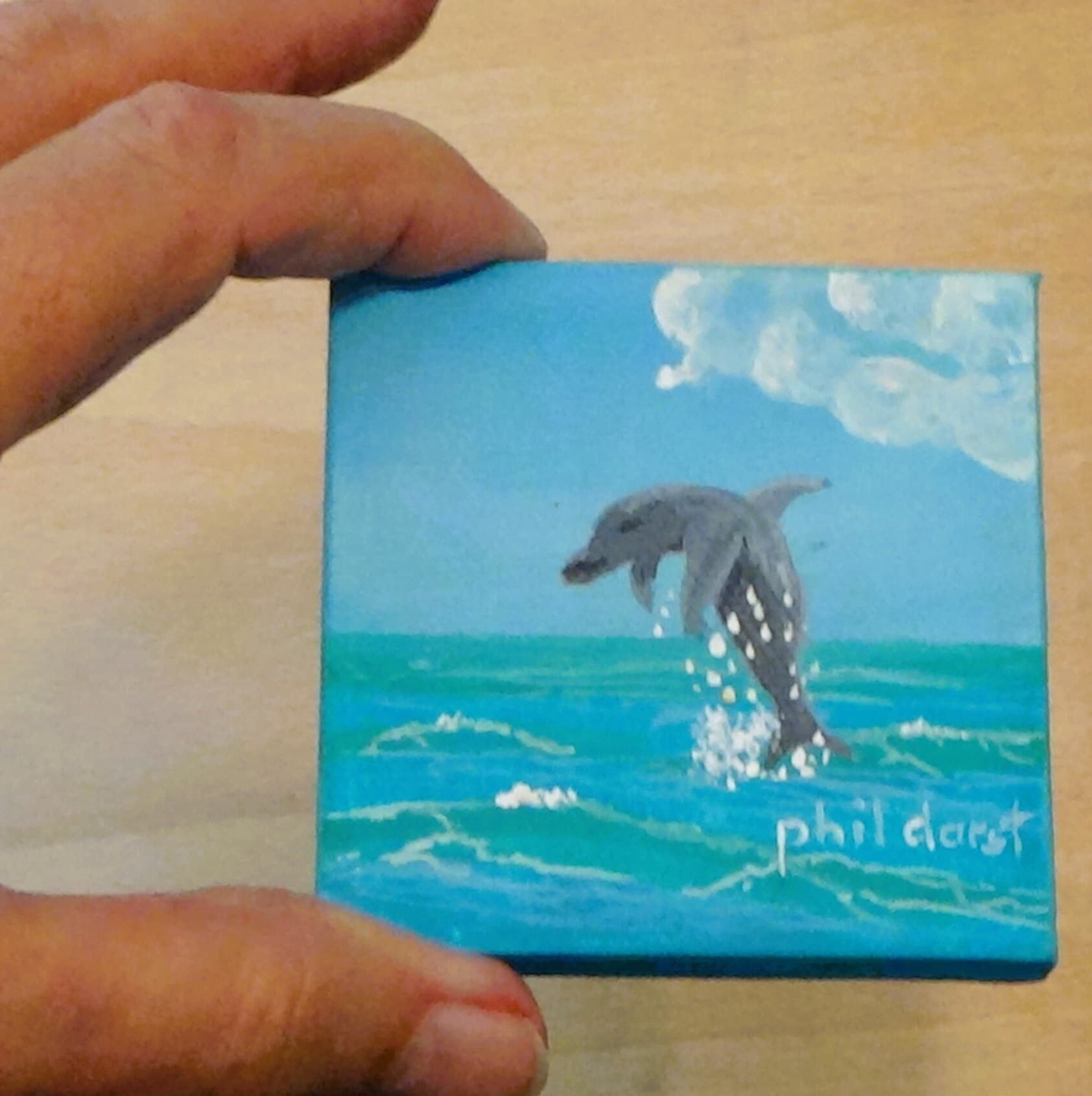 Dolphin diving,original acrylic painting - with easel., view 4