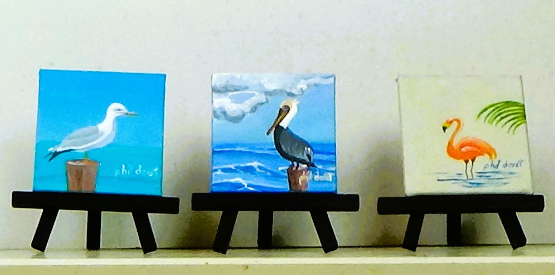 Tropical birds set of three - original acrylic paintings - with easel.