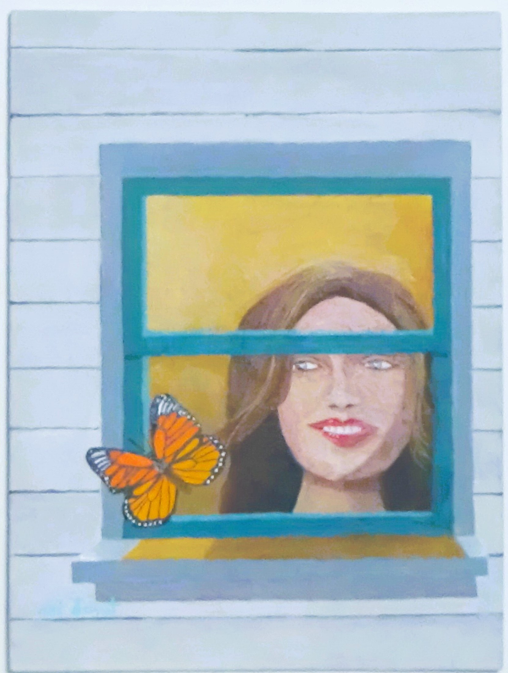 A colorful fluttering butterfly as seen by a lady looking out of her window