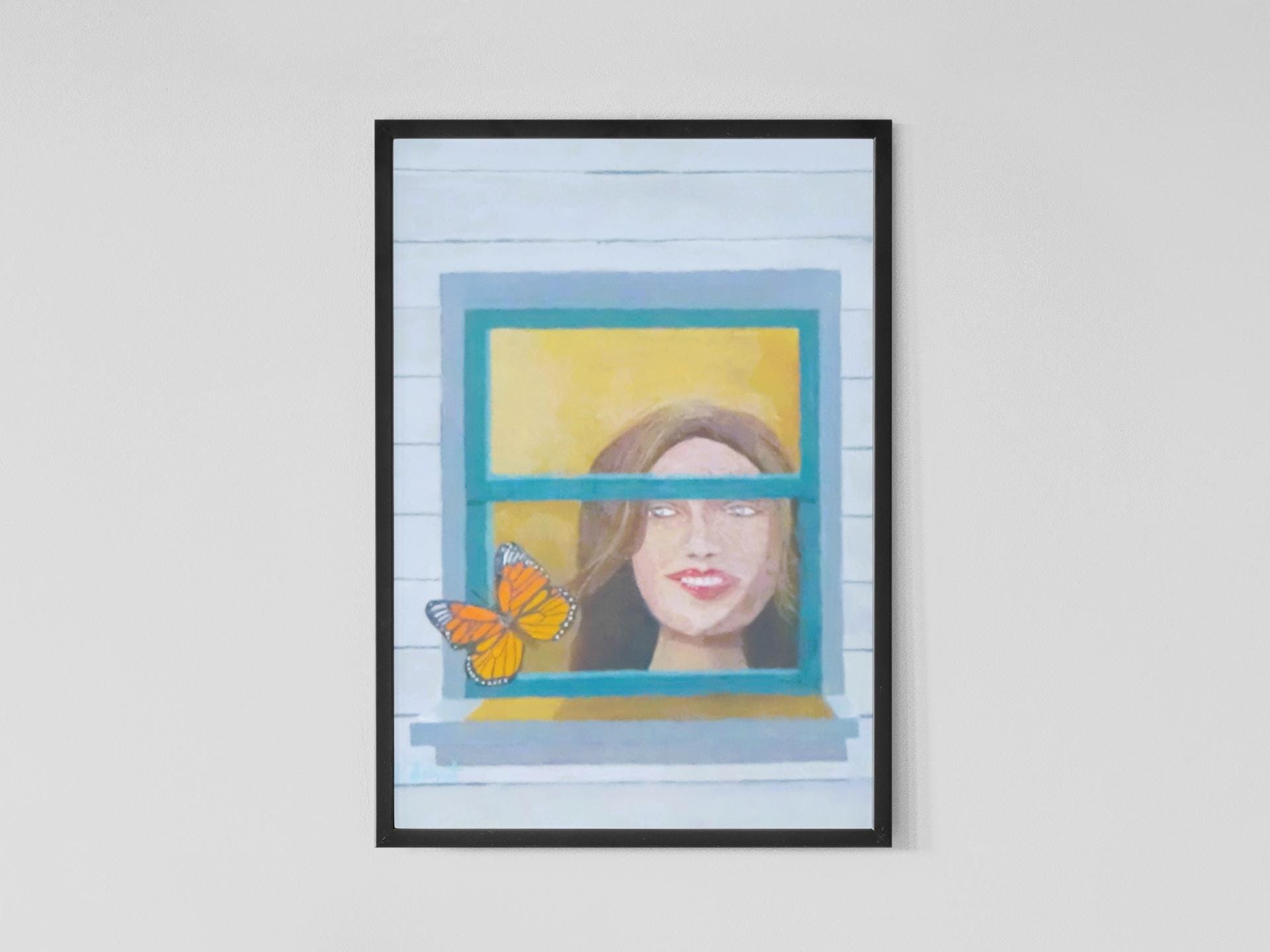 A colorful fluttering butterfly as seen by a lady looking out of her window, view 2