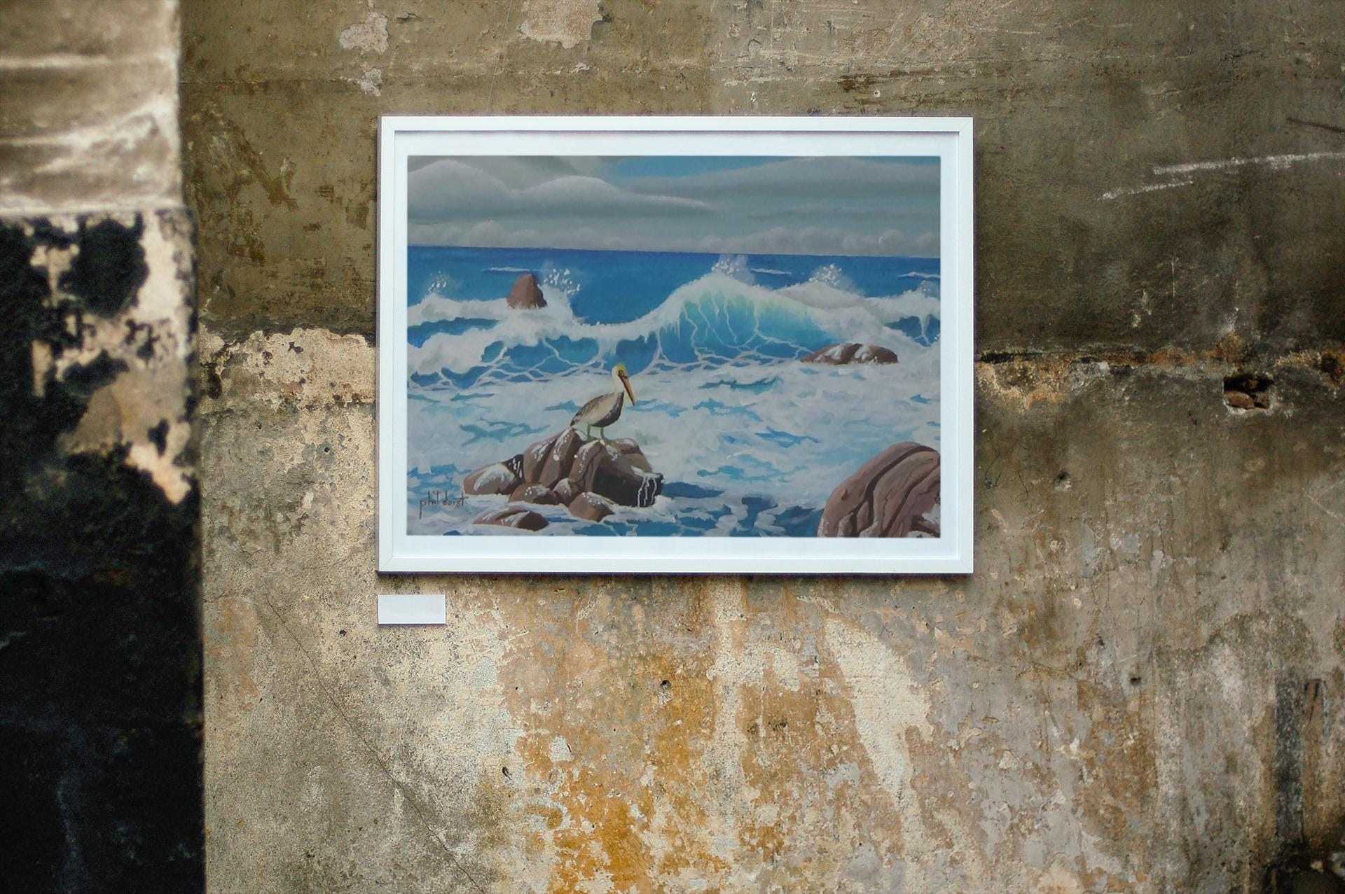 Pelican on a rock in the tropical ocean, view 3