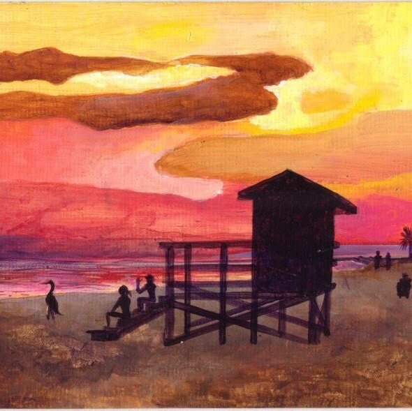 Lifeguard tower at setting sun tropical wall art beach scene print by Phil Darst