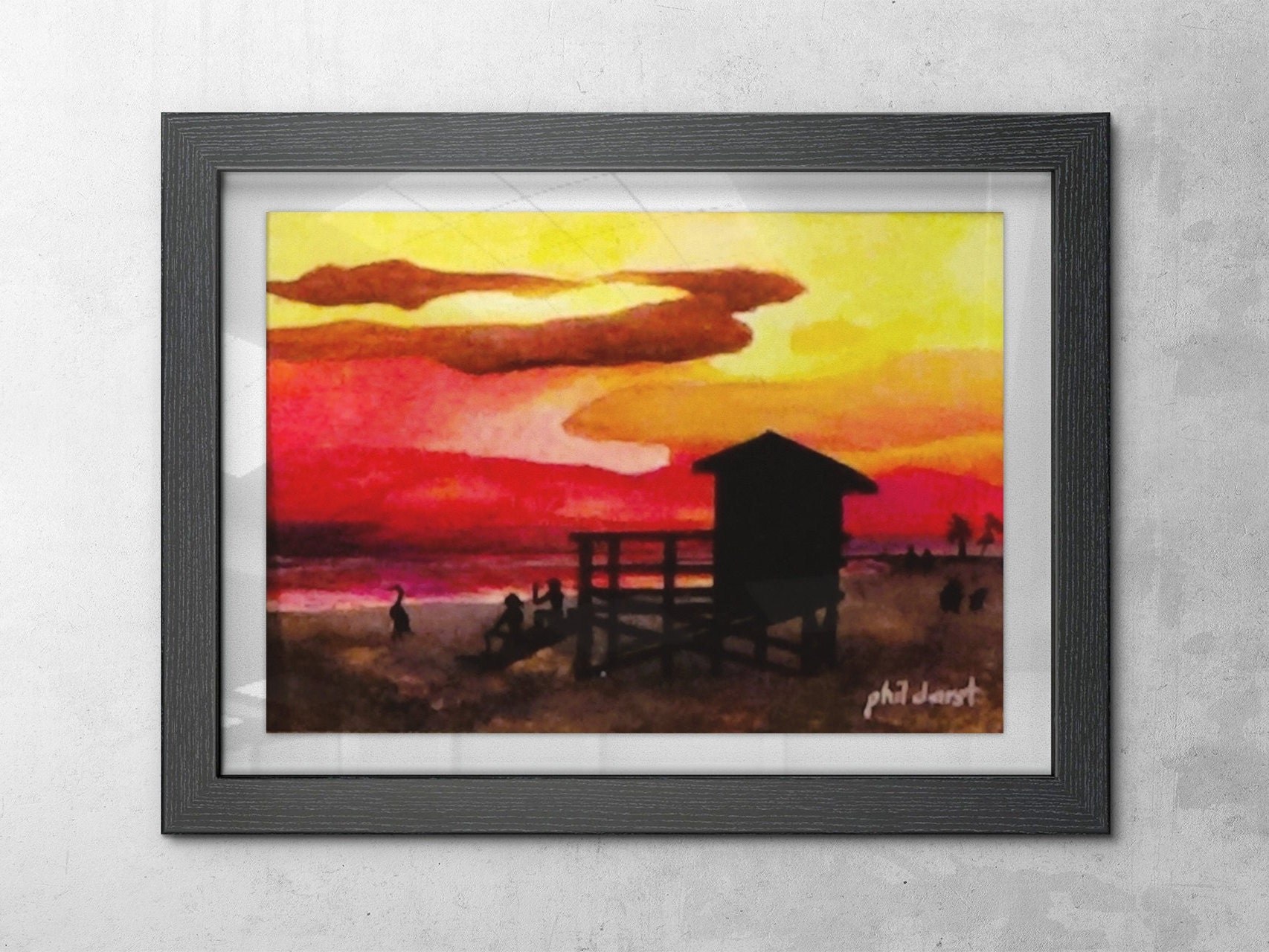 Lifeguard tower at setting sun tropical wall art beach scene print by Phil Darst, view 3