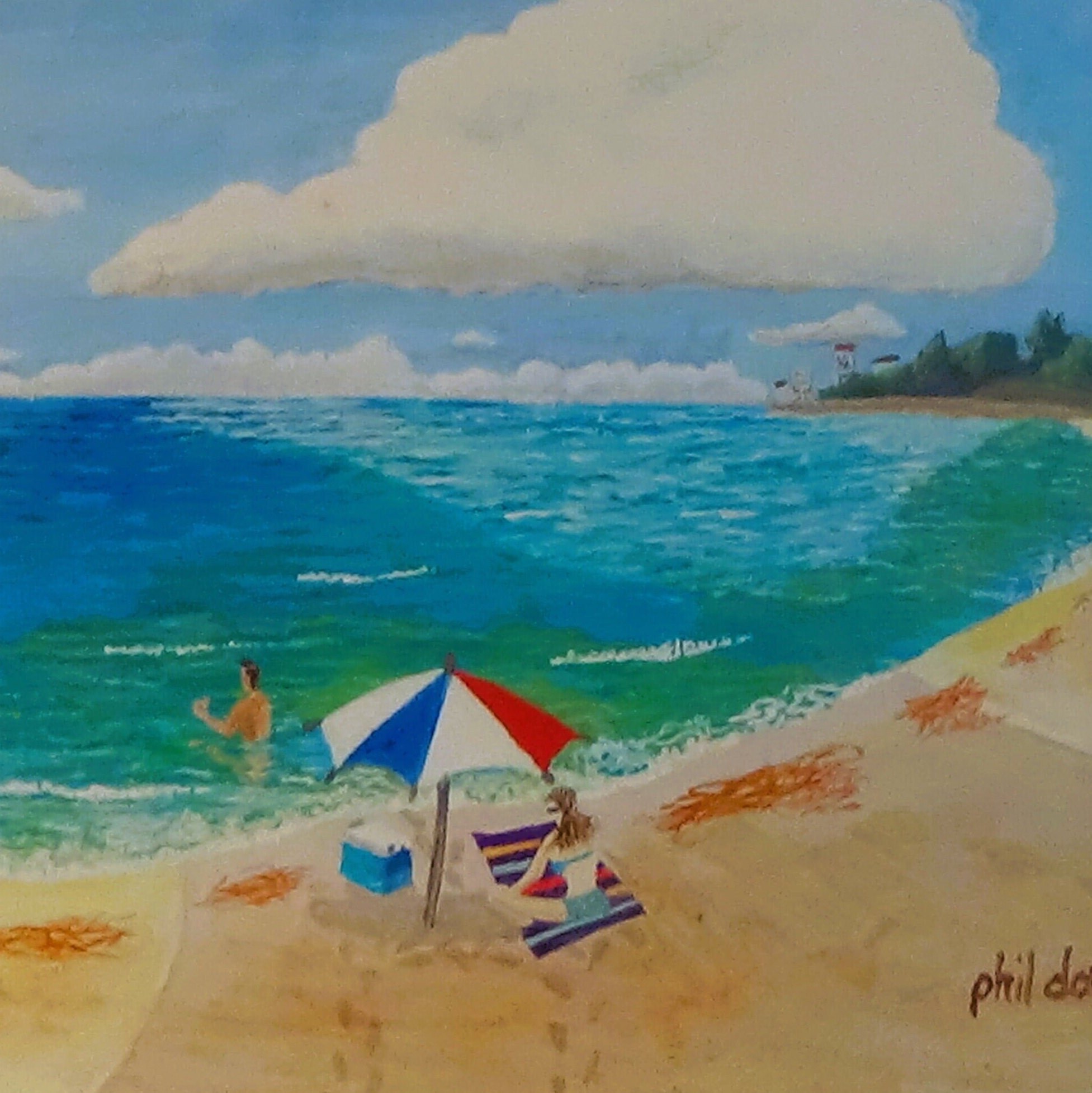 Girl under beach umbrella print man swimming in the ocean Siesta Key Beach Phil Darst