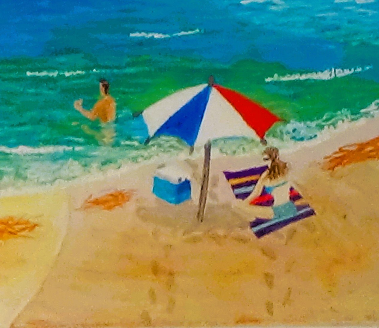 Girl under beach umbrella print man swimming in the ocean Siesta Key Beach Phil Darst, view 2