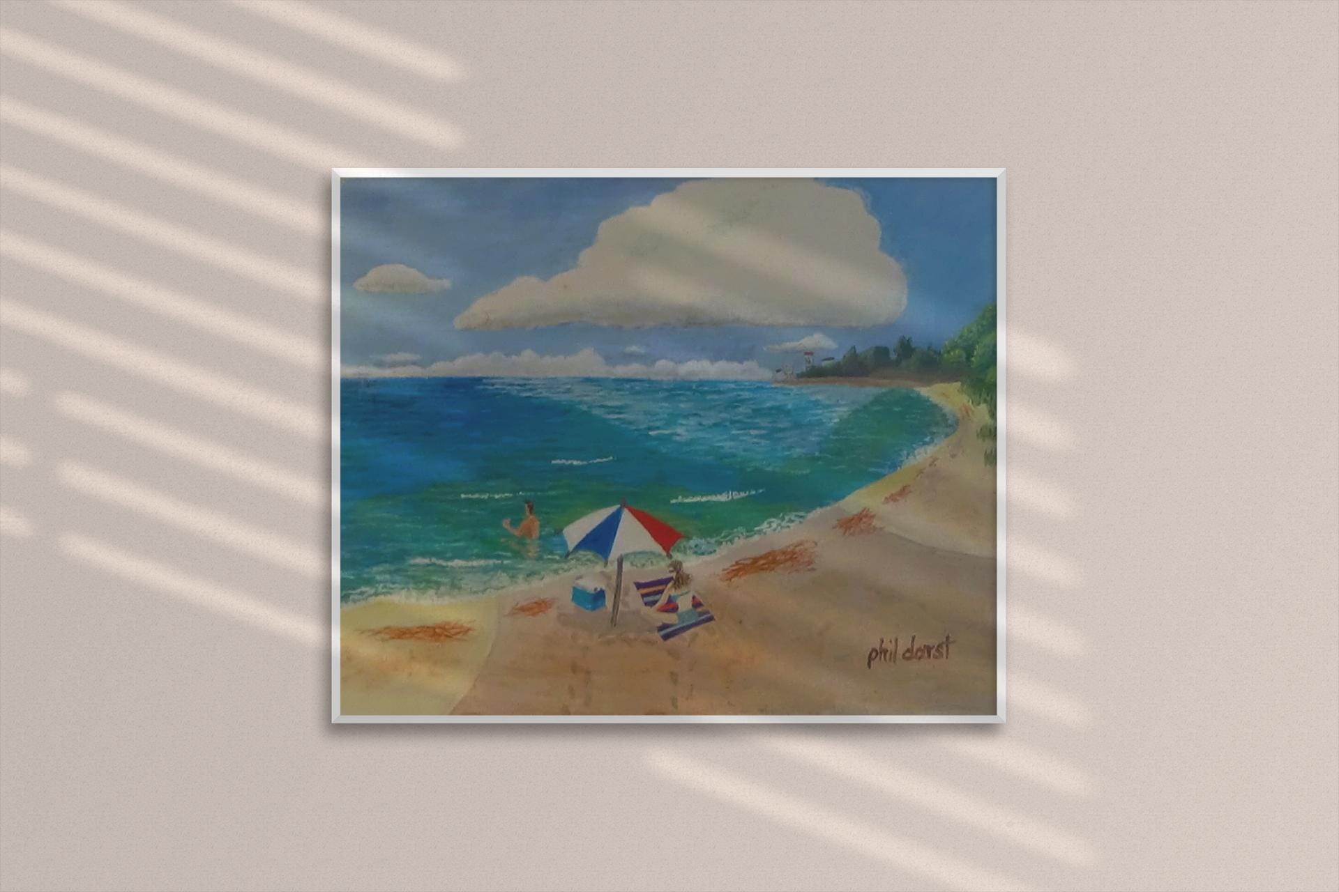 Girl under beach umbrella print man swimming in the ocean Siesta Key Beach Phil Darst, view 3
