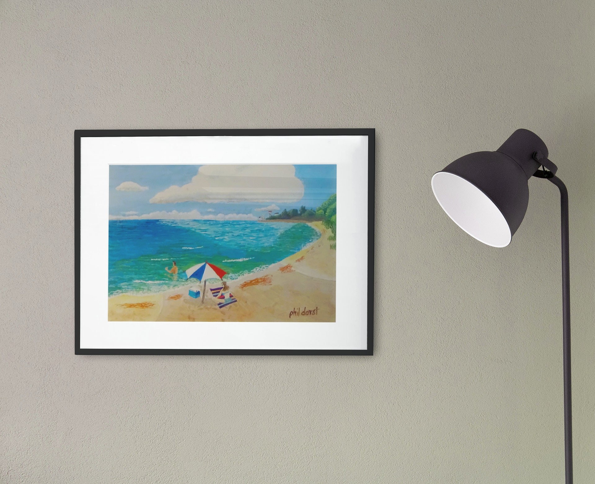 Girl under beach umbrella print man swimming in the ocean Siesta Key Beach Phil Darst, view 4