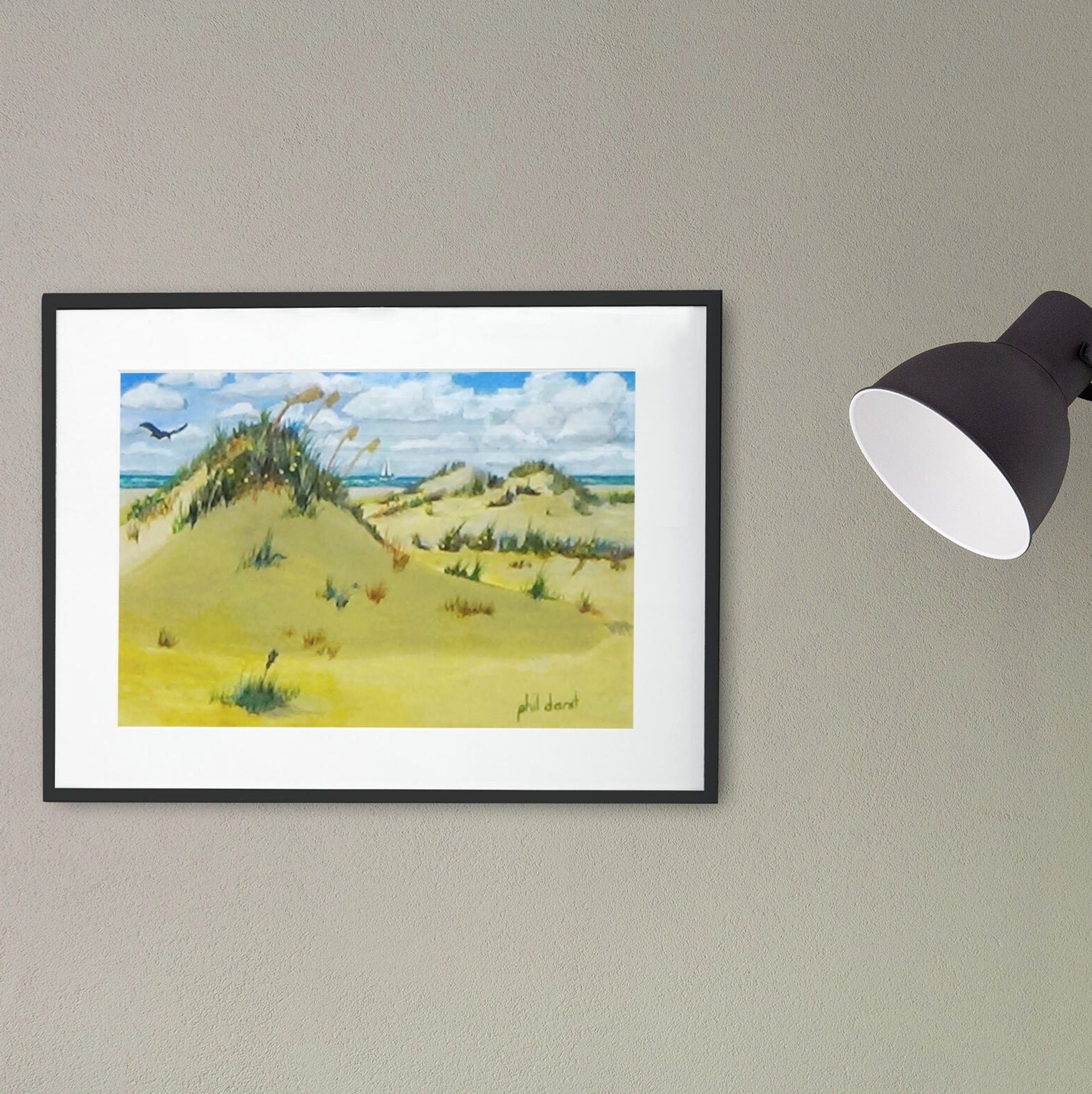 Sand dunes on beach Siesta Key Beach Tropical beach print Florida souvenir seagull in flight cloudy sky fine art print at ocean edge, view 3