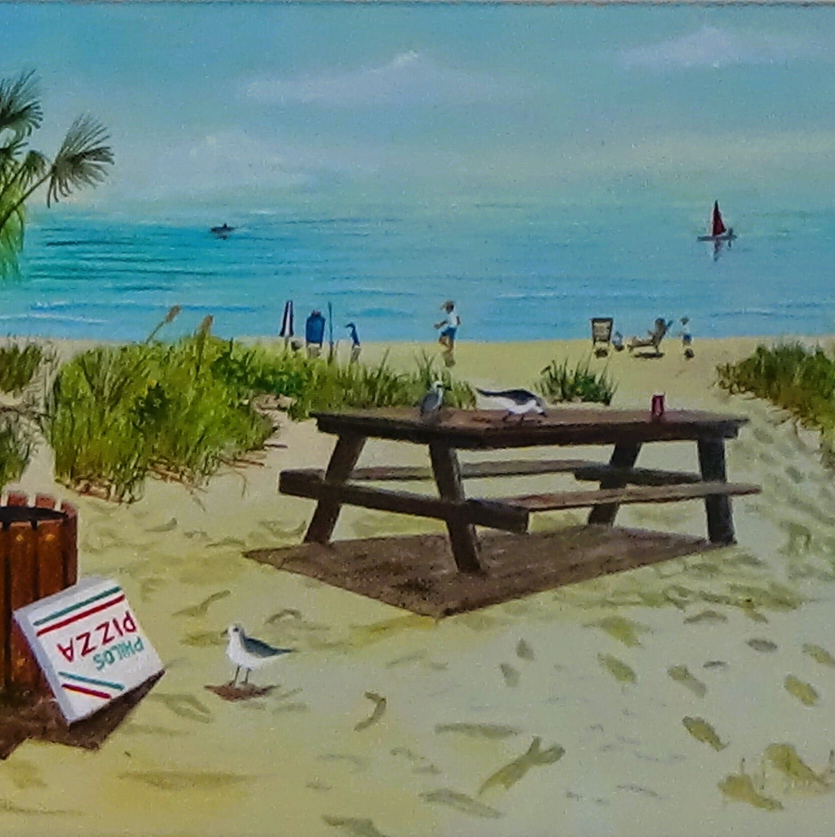 Tropical Pizza Picnic Scene Print - Summer Beach Party Wall Art