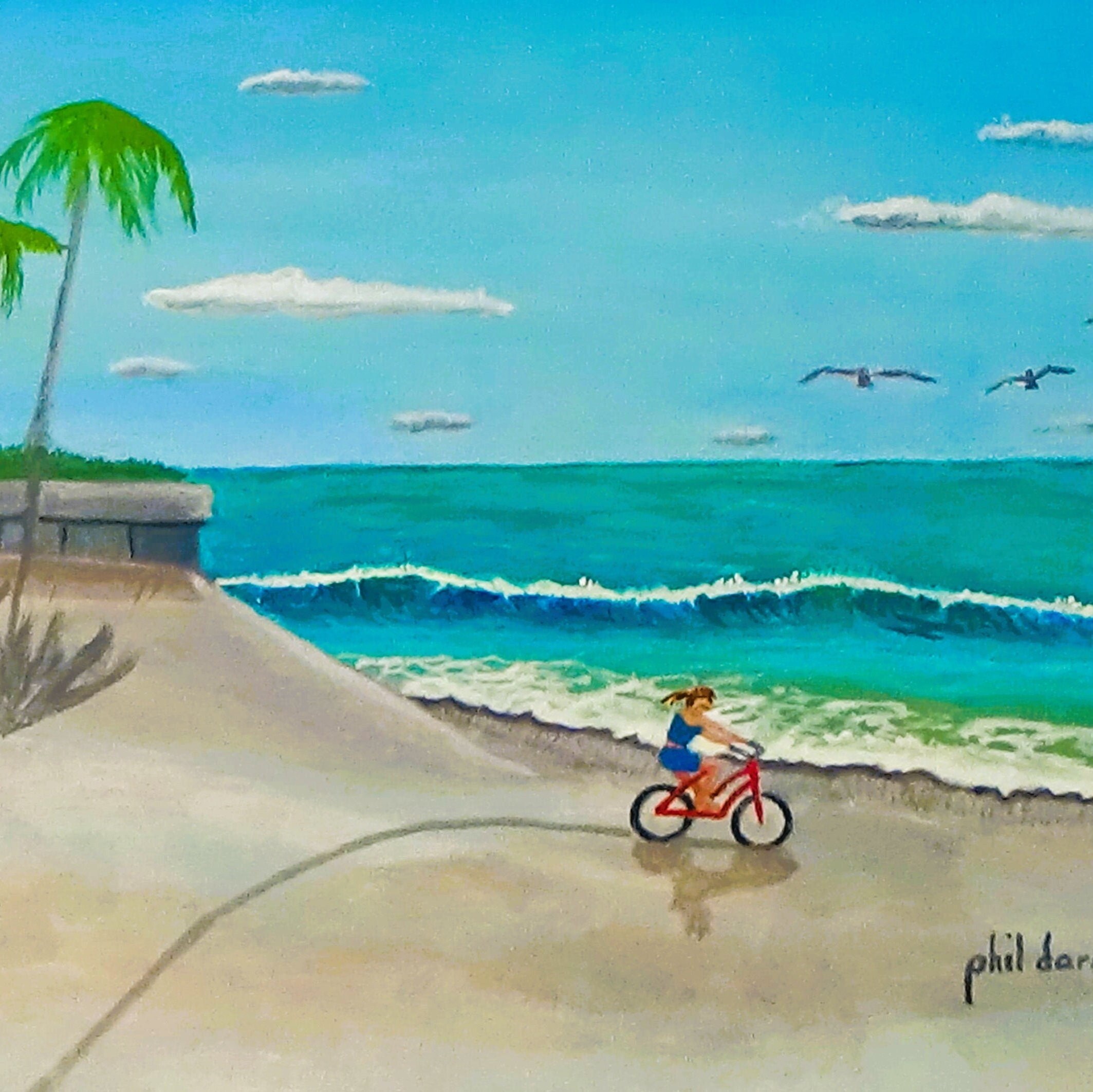 Tropical Beach Bike Ride, Art Print - Nautical Wall Decor, Florida Coastal Scene