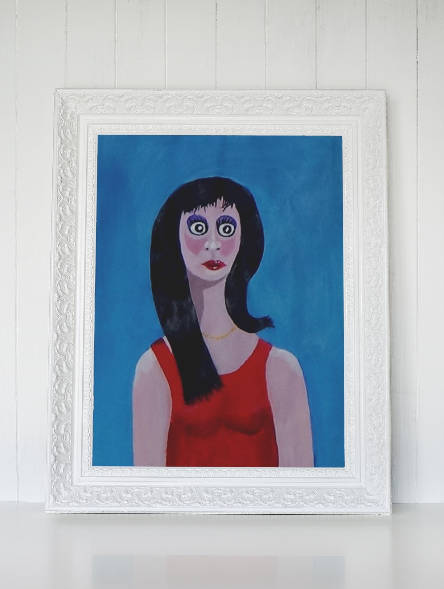 Exotic Lady in a bright red dress - acrylic on paper, view 2