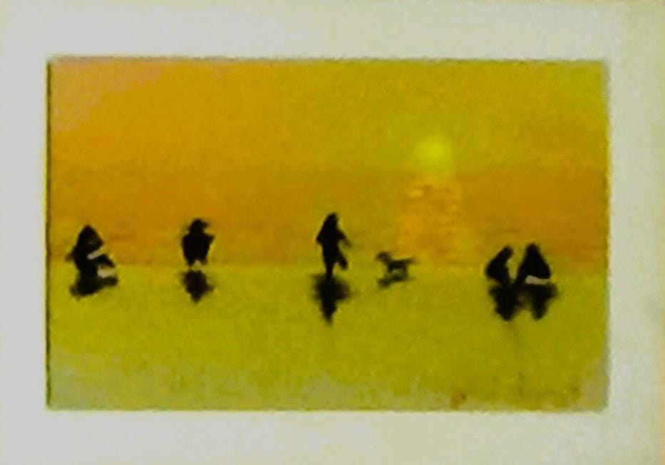 Ocean Sunset Painting with People - Beach Scene Wall Art Pastel