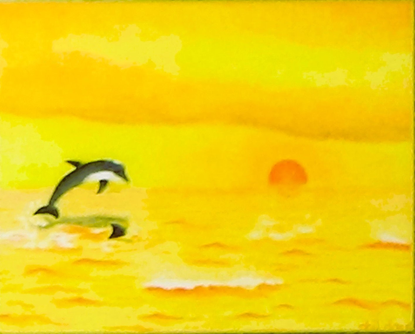 Dolphin diving into the tropical sea at golden sunset, Pastel painting print