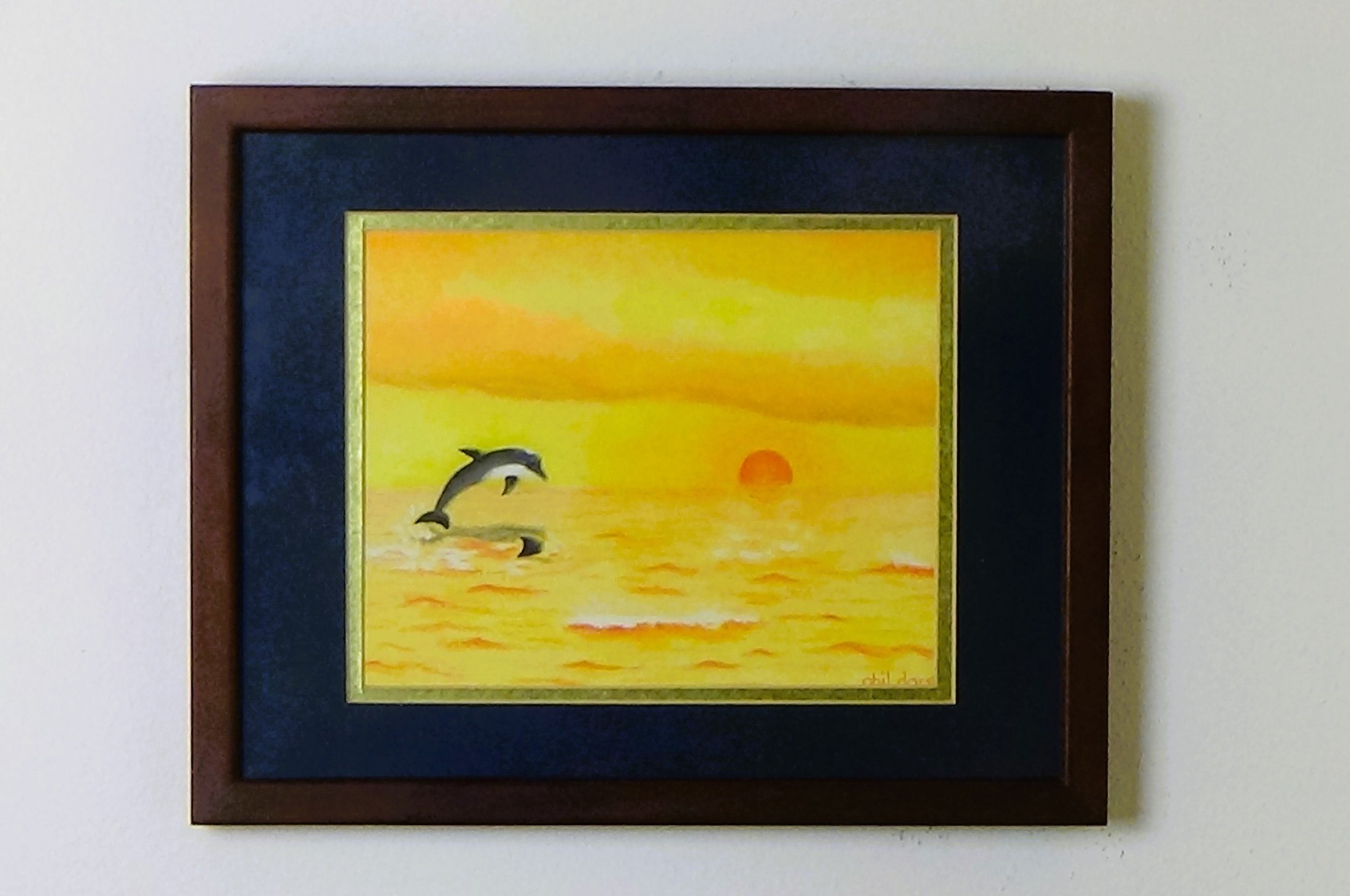 Dolphin diving into the tropical sea at golden sunset, Pastel painting print, view 5