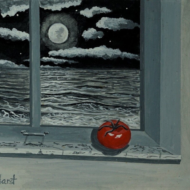 Florida Wall Decor Print, ripe tomato on Windowsill, Moonlight Ocean View, wall art print