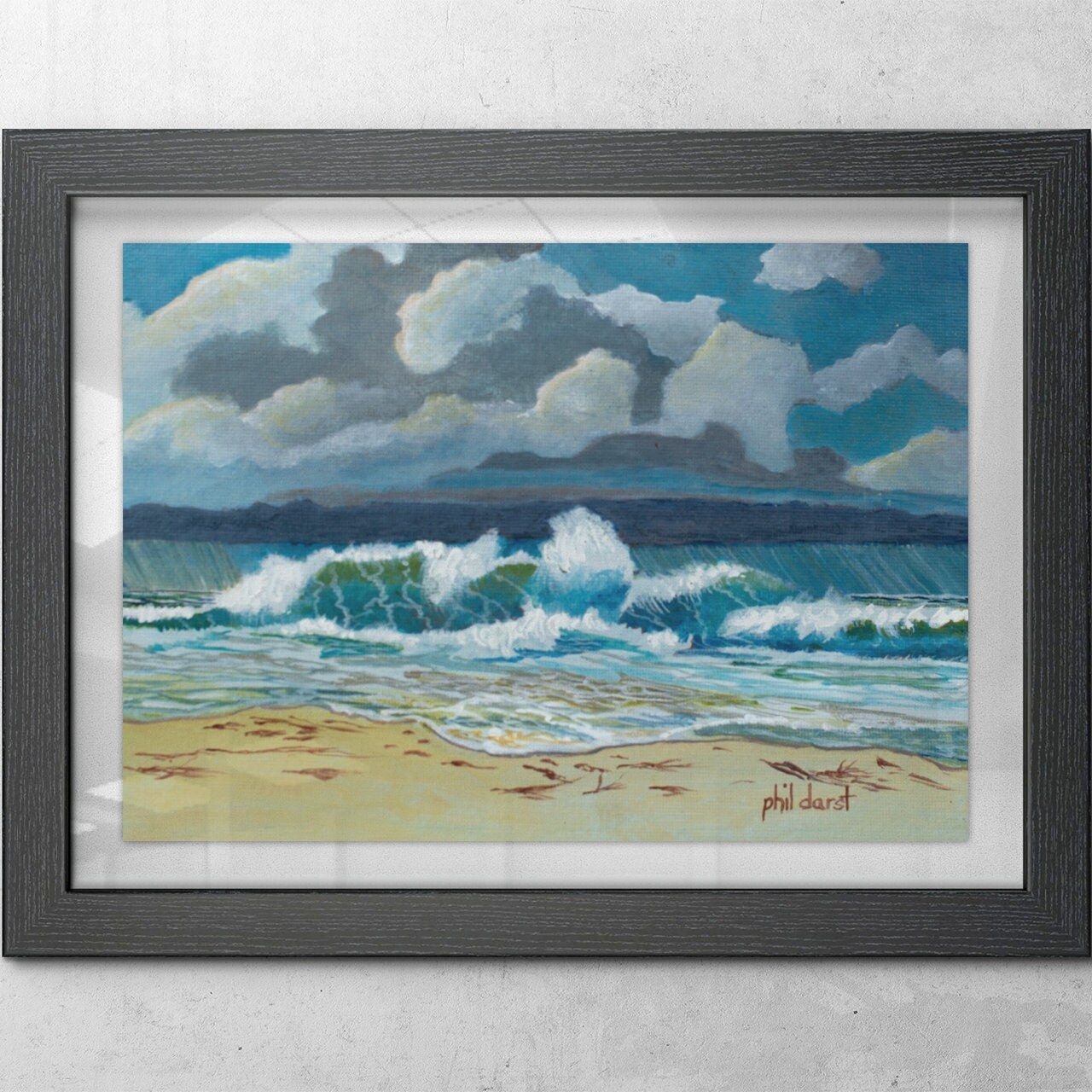 Stormy sky over coastal beach sea and sand scene ocean scene print by Phil Darst, view 2