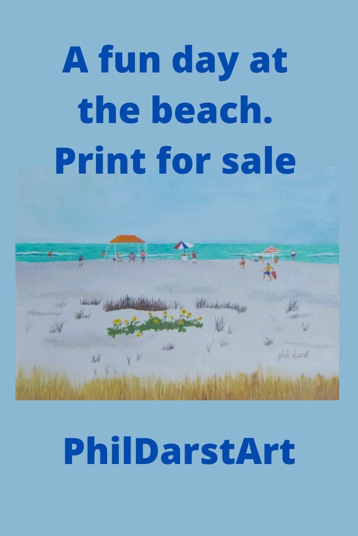 Colorful Coastal Art with People at the Beach, having fun in the sun, Siesta Key Print, view 3