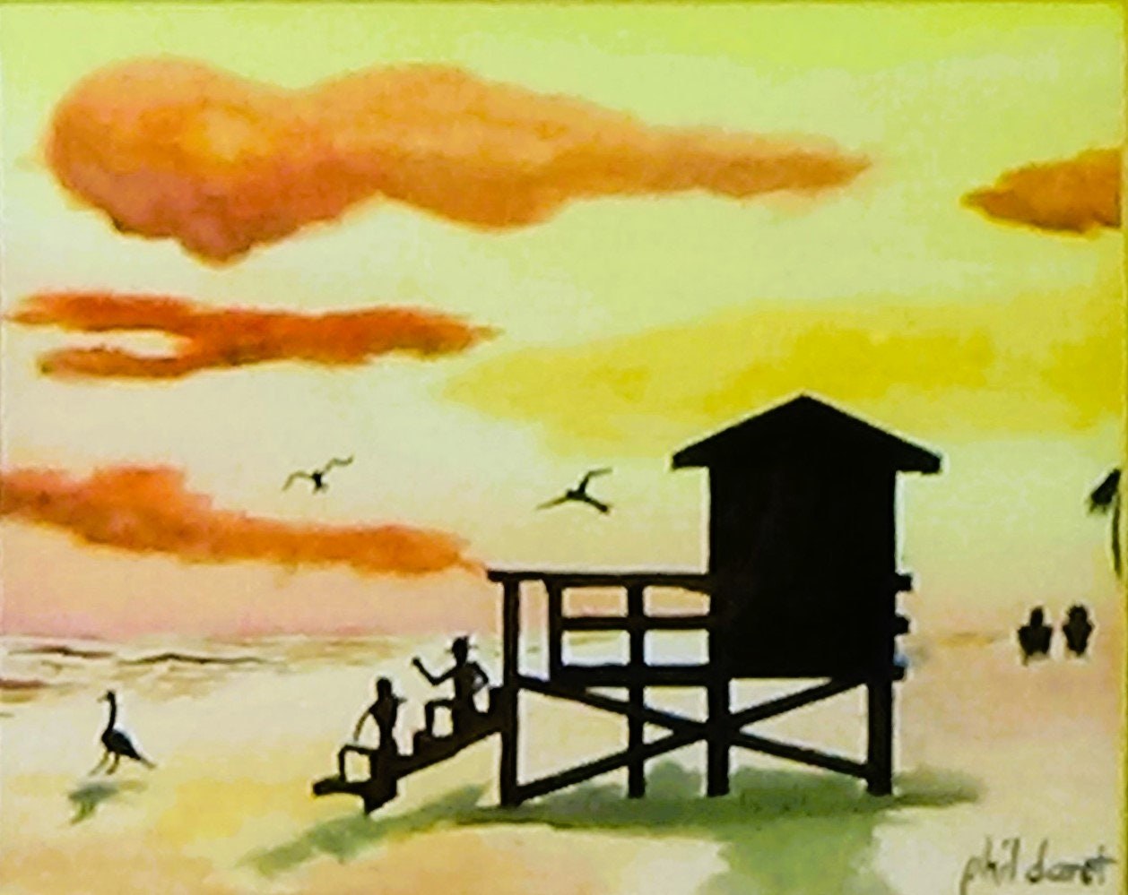 Sunset Ocean Watercolor Print with Lifeguard Stand Silhouette - Original Seascape Art