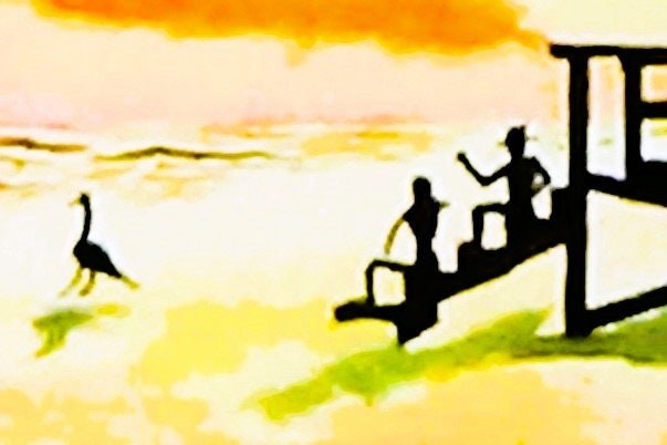 Sunset Ocean Watercolor Print with Lifeguard Stand Silhouette - Original Seascape Art, view 2