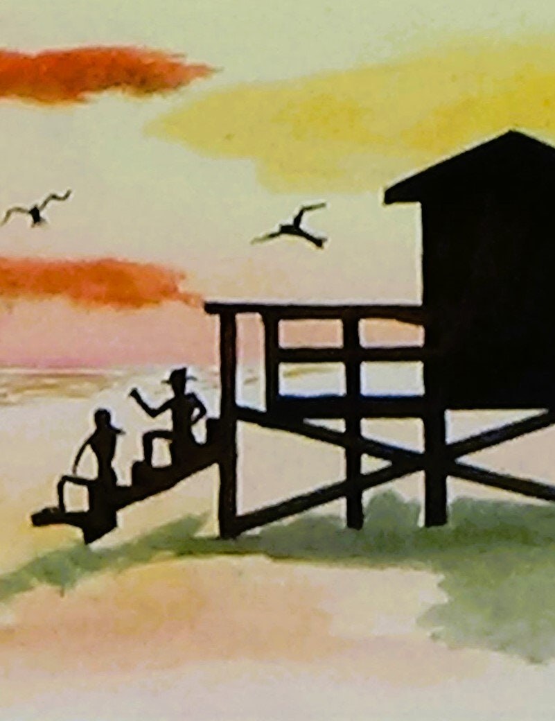 Sunset Ocean Watercolor Print with Lifeguard Stand Silhouette - Original Seascape Art, view 3
