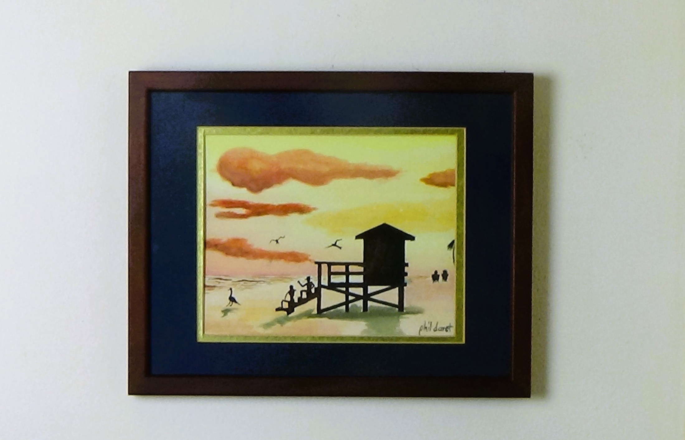 Sunset Ocean Watercolor Print with Lifeguard Stand Silhouette - Original Seascape Art, view 5