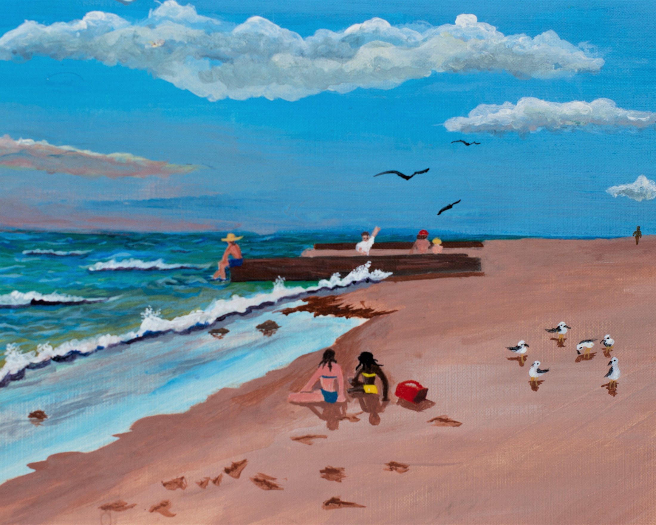 Tropical Beach Scene Print - Friends at the Beach Wall Art - Florida Room Decor