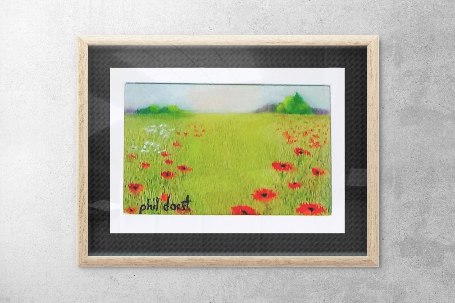 Poppies in the field in the green meadow pastel landscape original pastel home décor Easter gift pastel painting Phil Darst, view 2